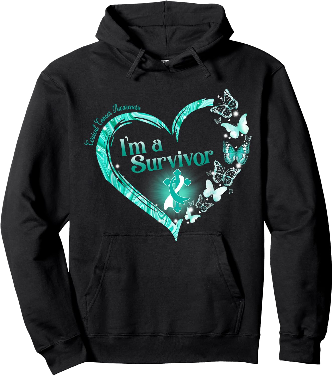 Teal Ribbon Butterfly Cervical Cancer I'm A Survivor Hoodie - Hoodie | Black