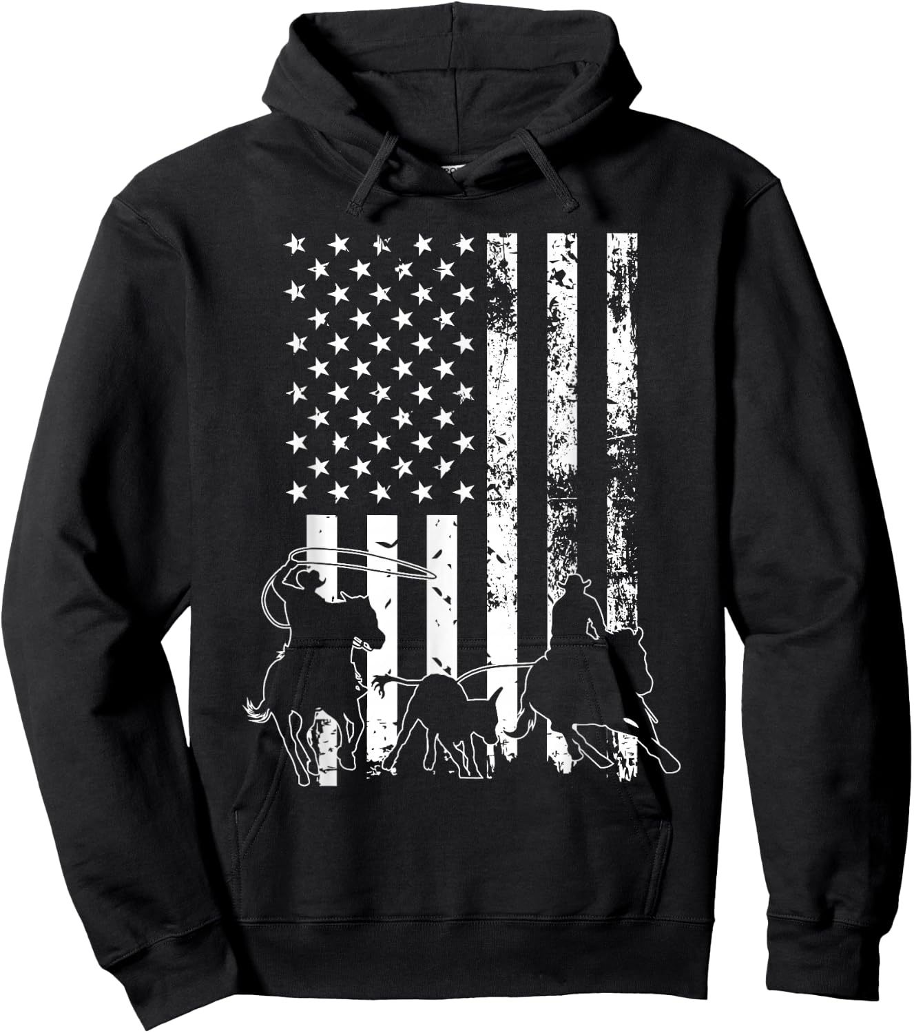 Team Roping - USA Flag Equestrian Horse Riding Header Heeler Hoodie - Hoodie | Black