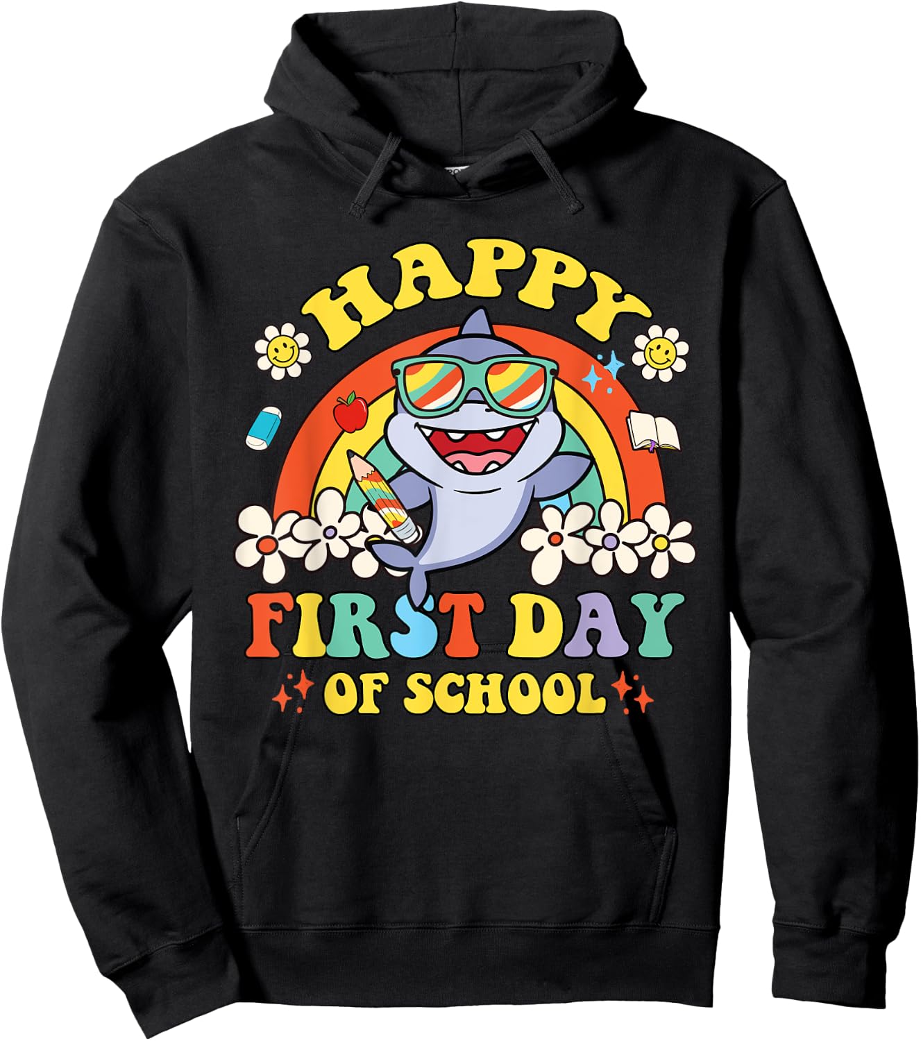 Groovy Happy First Day Of School Cute Shark Rainbow Hoodie - Hoodie | Black