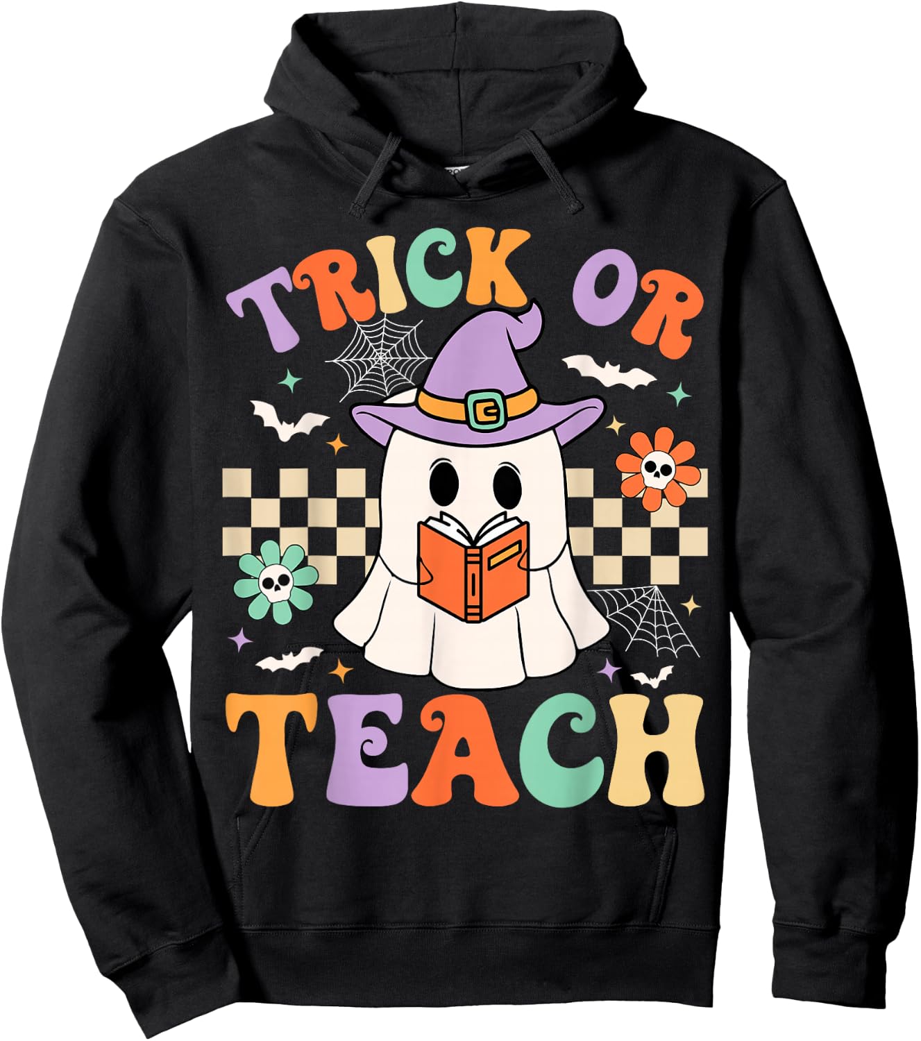 Trick Or Teach Groovy Teacher Halloween Retro Floral Ghost Hoodie - Hoodie | Black