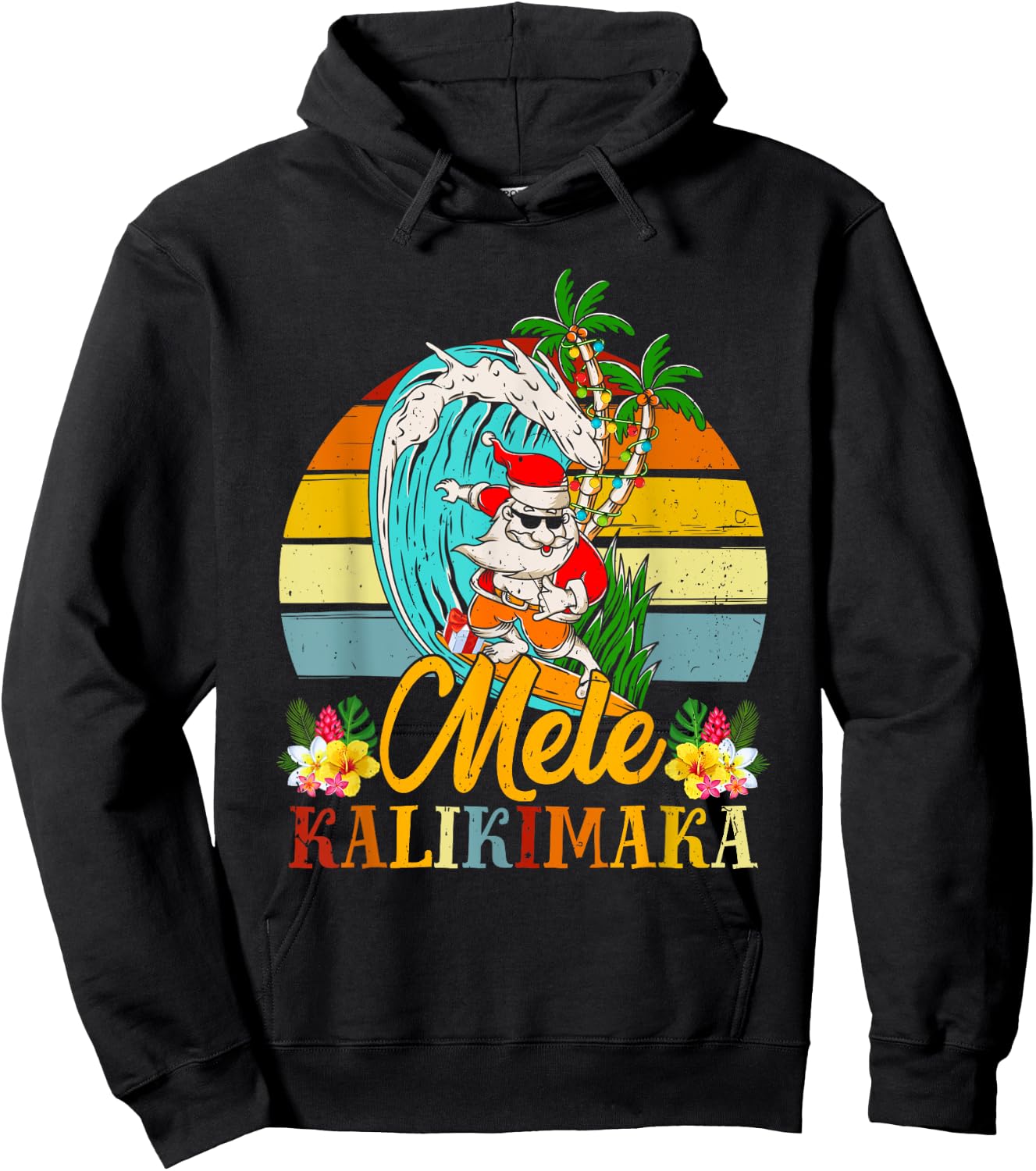 Mele-Kalikimaka Retro Christmas Santa Shaka Hawaii Hoodie - Hoodie | Black
