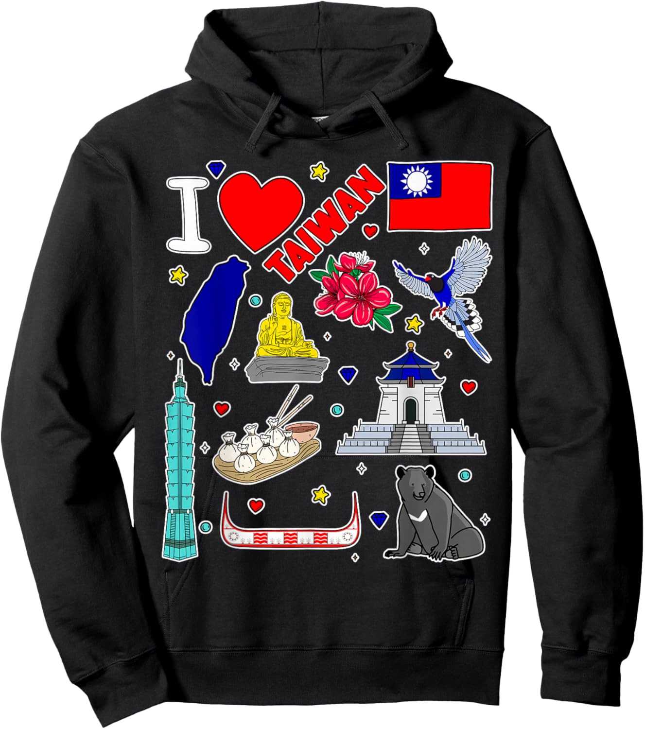 Taiwanese hand drawn symbols, Taiwan map, cultural icons Hoodie - Hoodie | Black