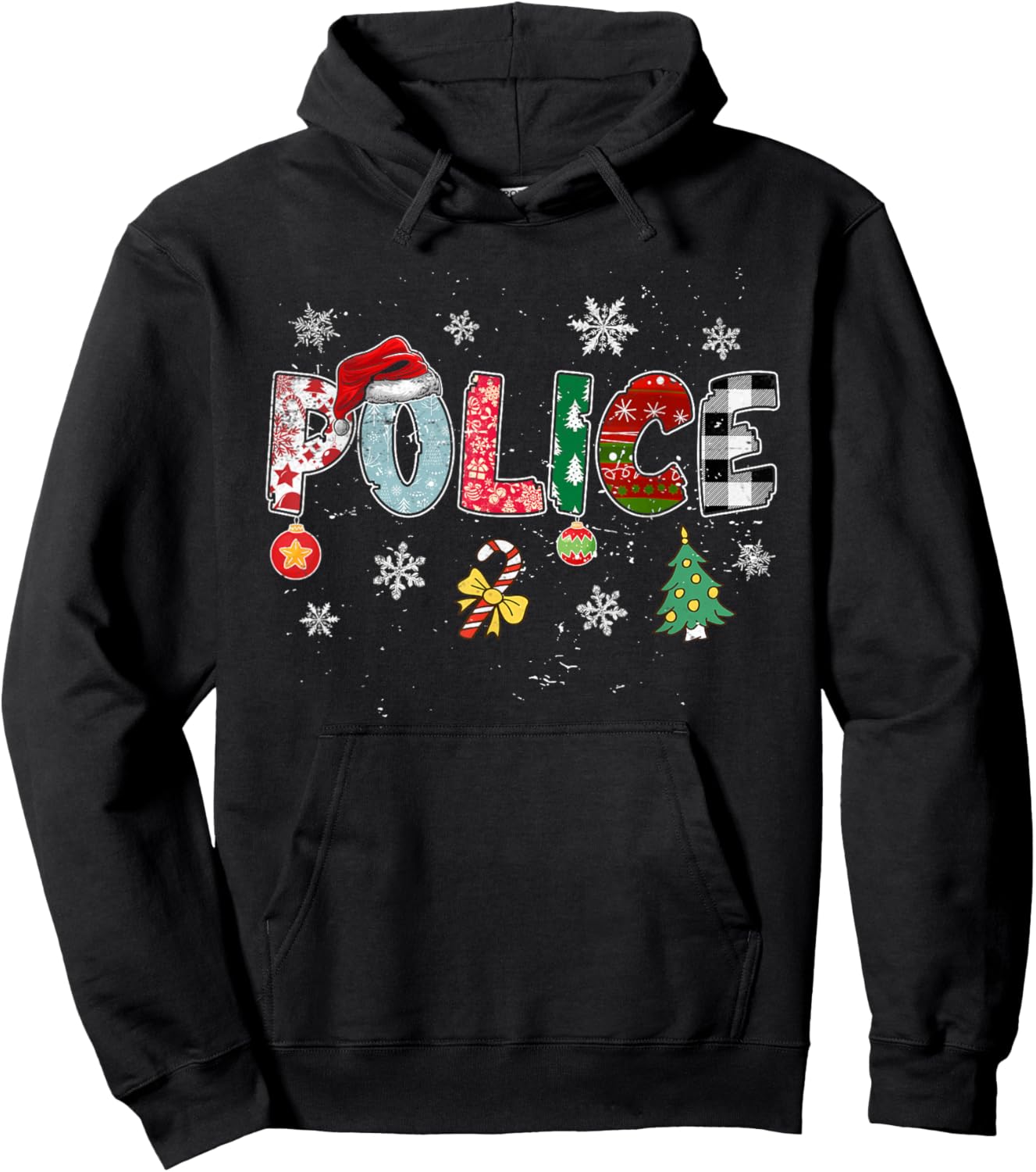 Police Christmas Santa Hat Funny Xmas Tree Plaid Pajama Hoodie - Hoodie | Black