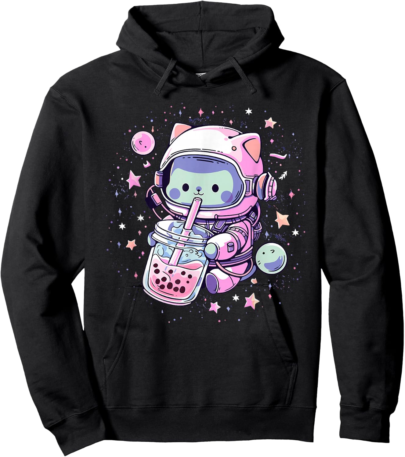 Kawaii Cat Bubble Boba Tea in Space Astronaut Anime Girls Hoodie - Hoodie | Black