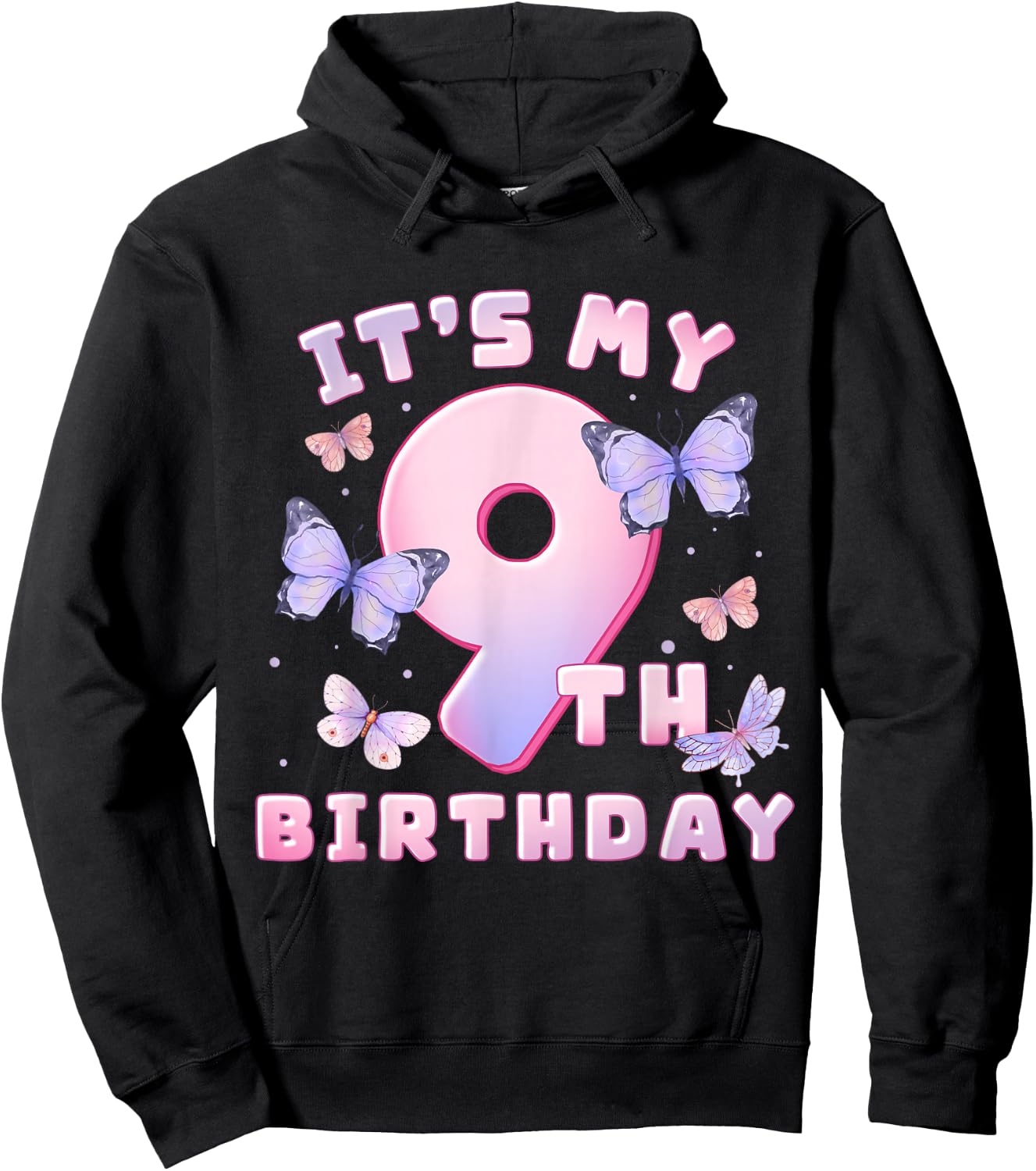 9th Birthday Girl Butterflies and Number 9 Cute Kids Hoodie - Hoodie | Black