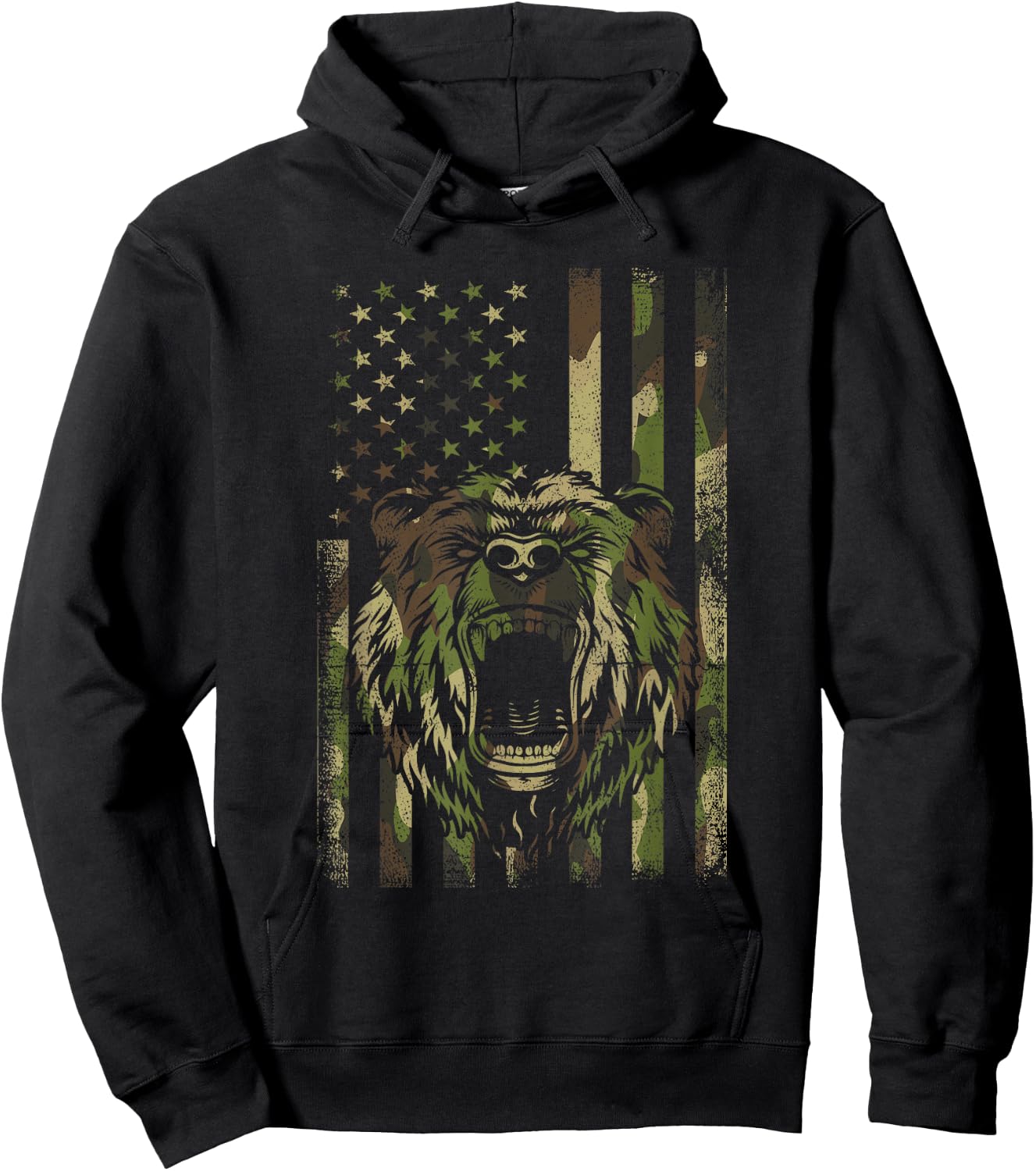 Funny Camo Hunting Lover American Flag Graphic Bear Hunters Women Men Hoodie - Hoodie | Black
