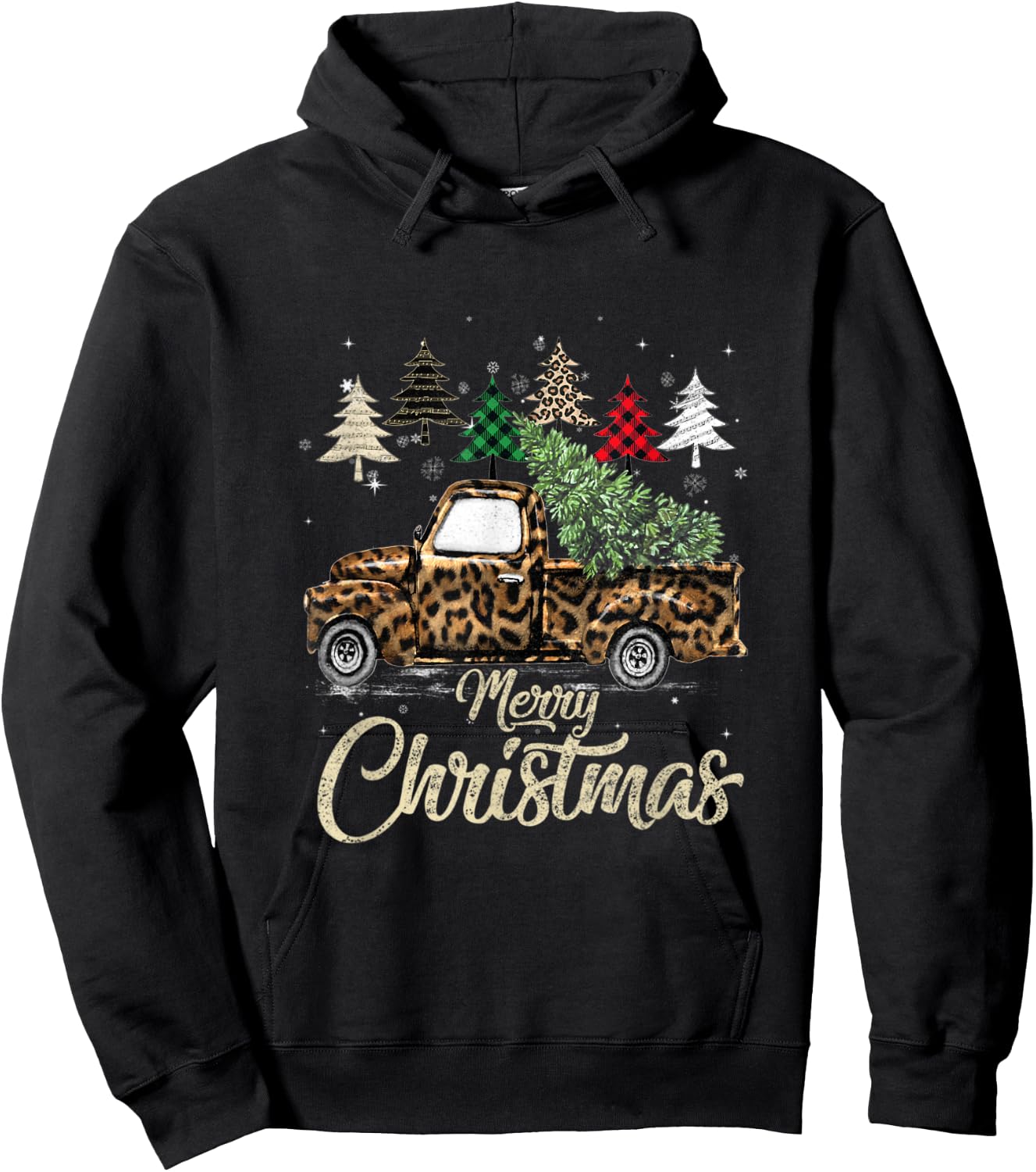Green Buffalo Plaid Christmas Tree Leopard Covered Red Truck Hoodie - Hoodie | Black