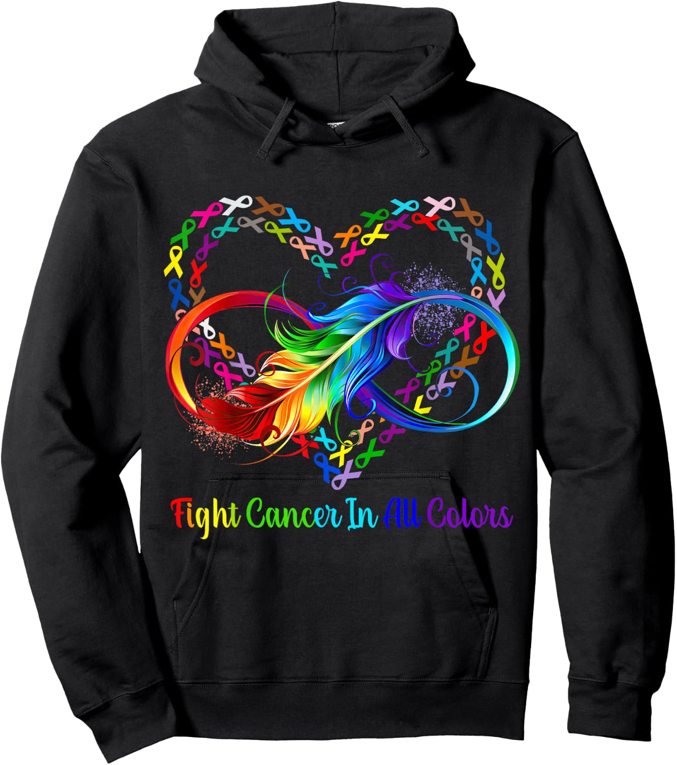 Fight Cancer in All and Every Color Rainbow Ribbons Heart Hoodie - Hoodie | Black