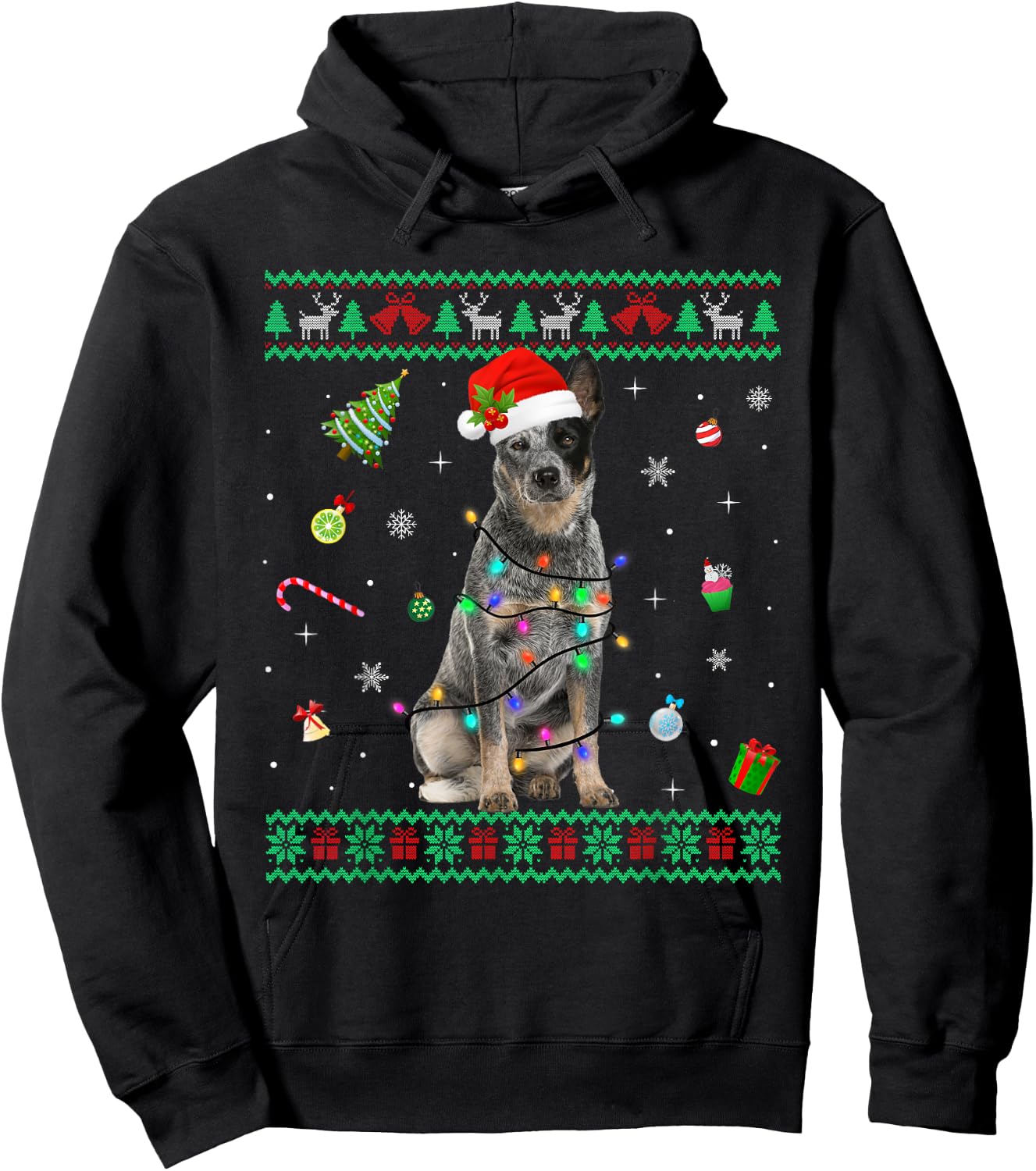 Ugly Sweater Australian Cattle Dog Christmas Light Santa Hat Hoodie - Hoodie | Black
