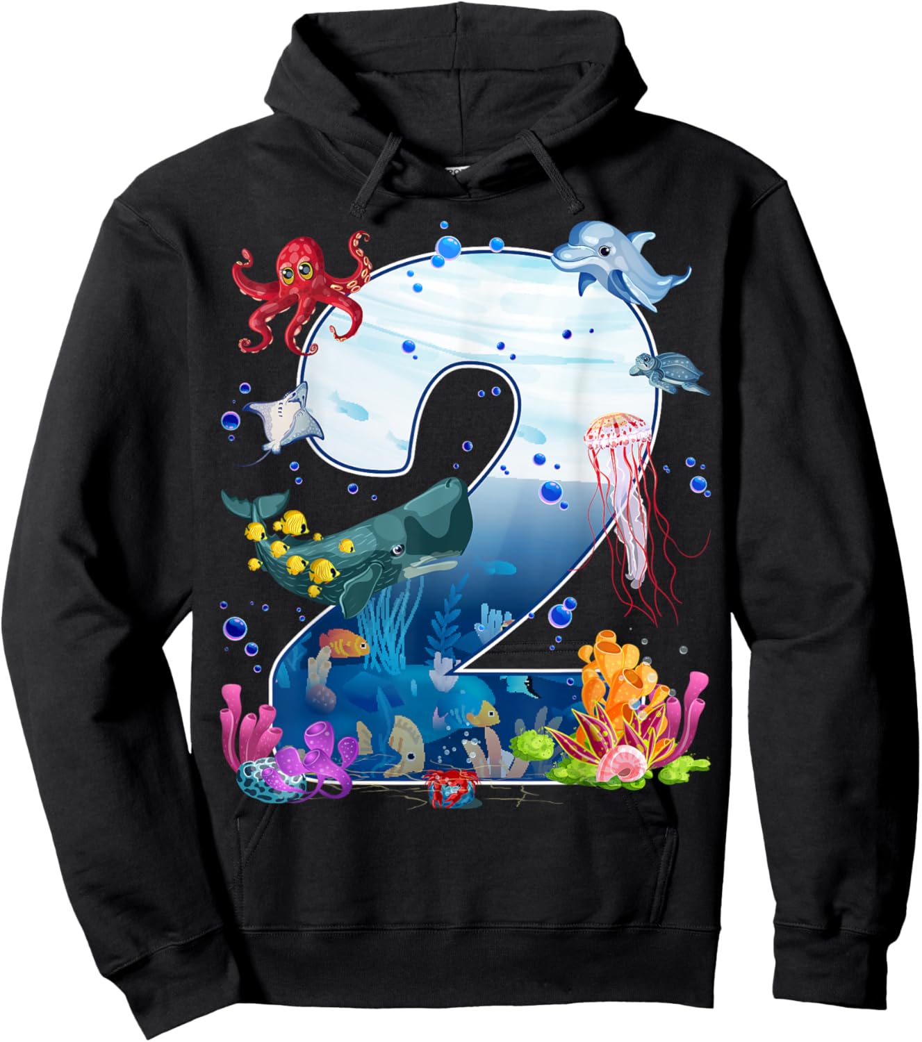 2nd Birthday Party Ocean 2 Year Old Sea Fish Aquarium Boy Hoodie - Hoodie | Black