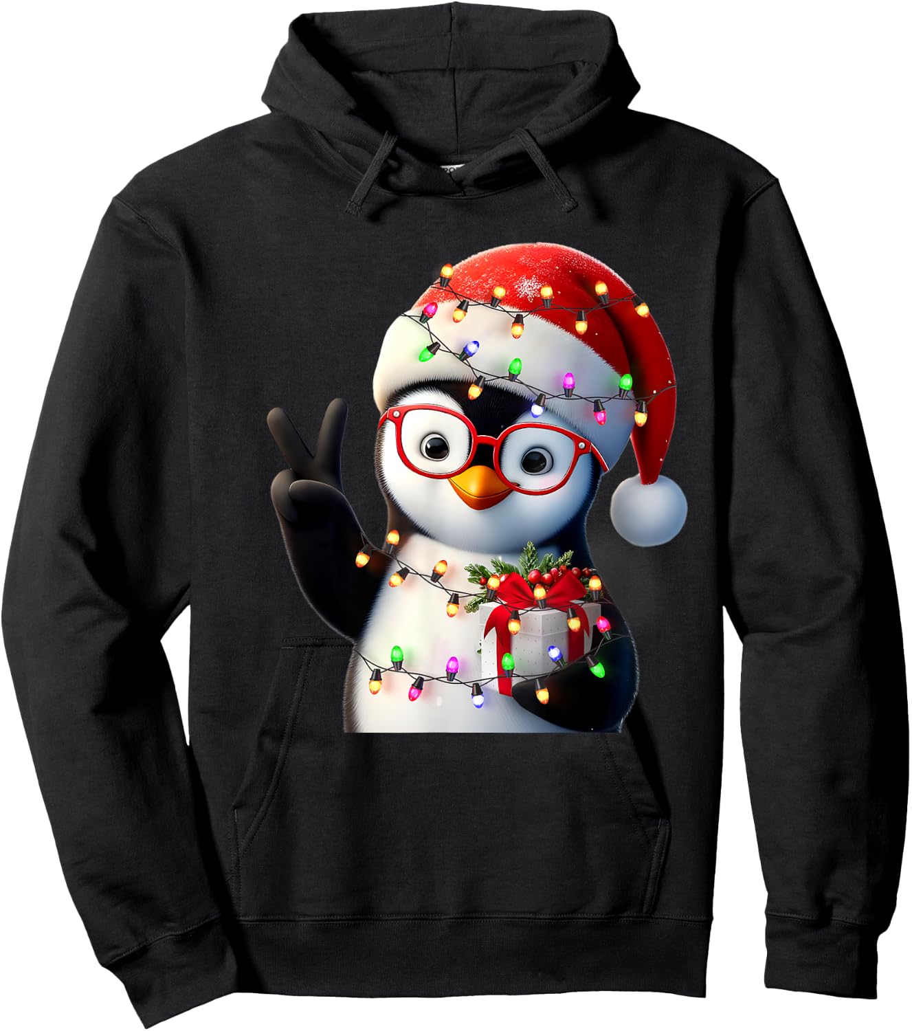Peace Sign Hand Penguin Santa Christmas Penguin Pajamas Hoodie - Hoodie | Black