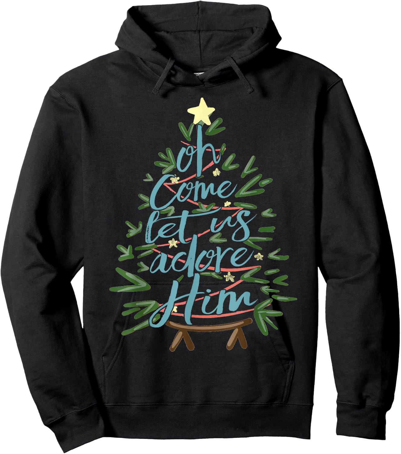 Oh Come Let Us Adore Him, Christmas Tree Quote Hoodie - Hoodie | Black