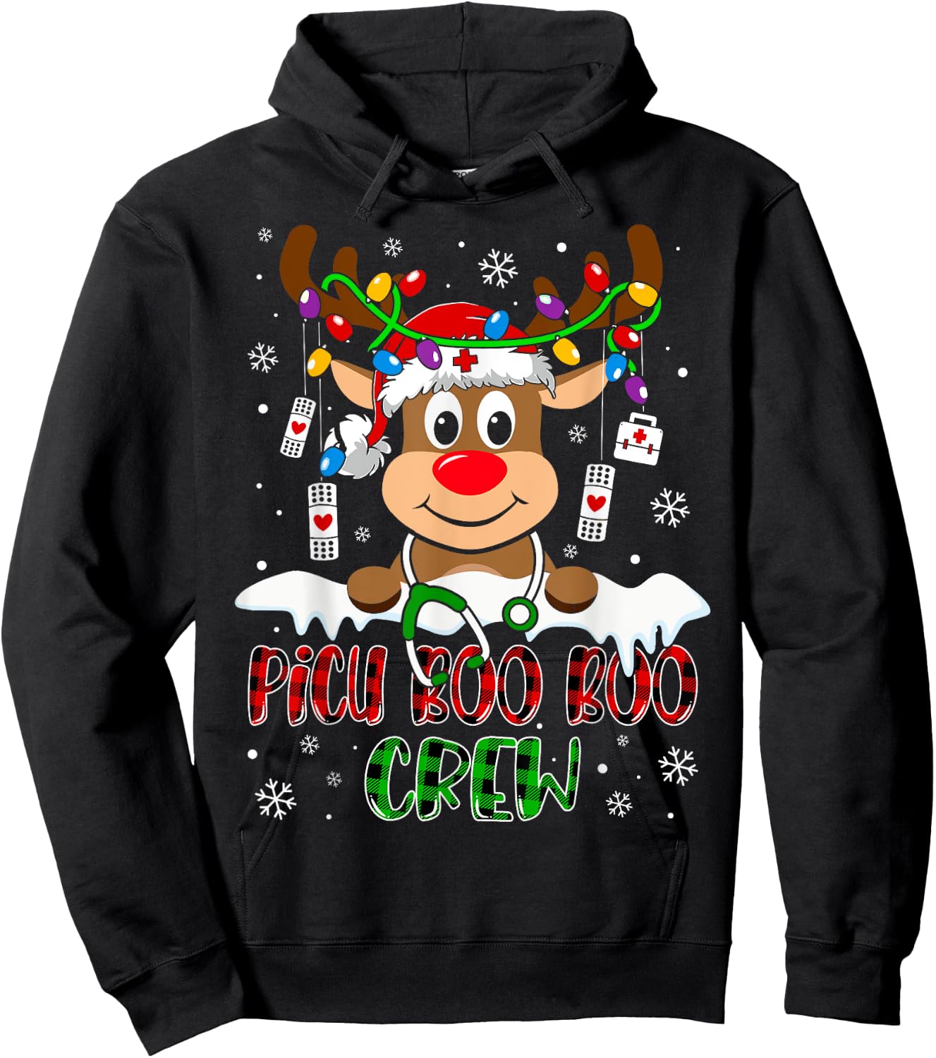 PICU Nurse Boo Crew Reindeer Nurse Buffalo Plaid Christmas Hoodie - Hoodie | Black