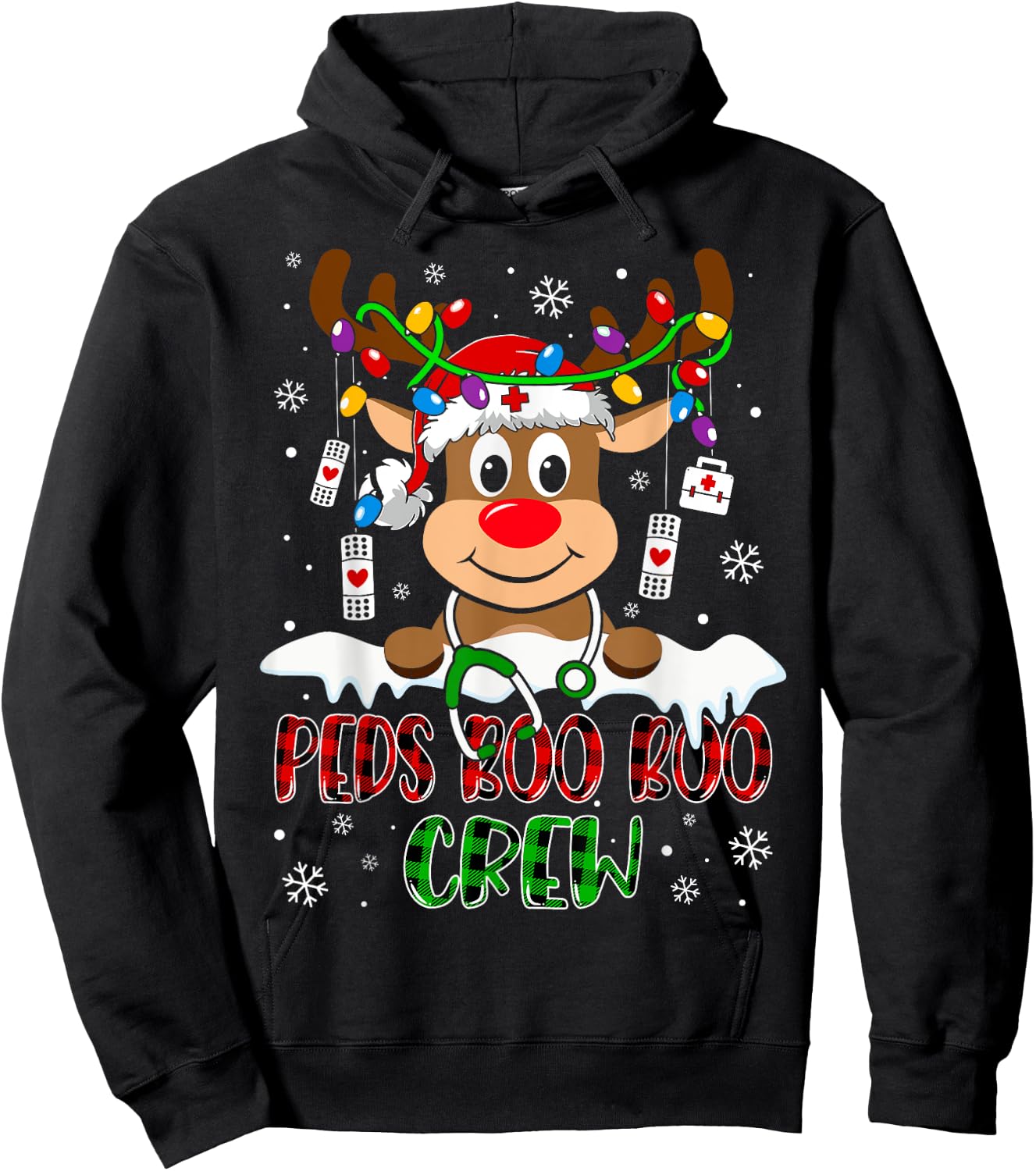 Peds Nurse Boo Crew Reindeer Nurse Buffalo Plaid Christmas Hoodie - Hoodie | Black