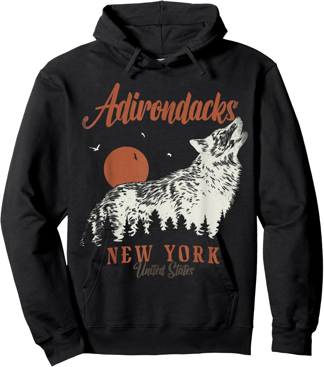 Vintage Adirondacks Mountains New York Forest Wolf Hoodie - Hoodie | Black