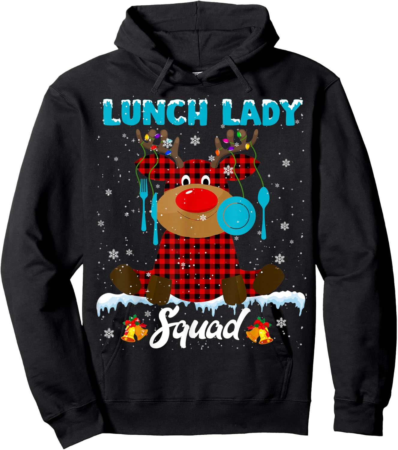 Lunch Lady Squad Xmas Lights Red Plaid Reindeer Lunch Lady Hoodie - Hoodie | Black
