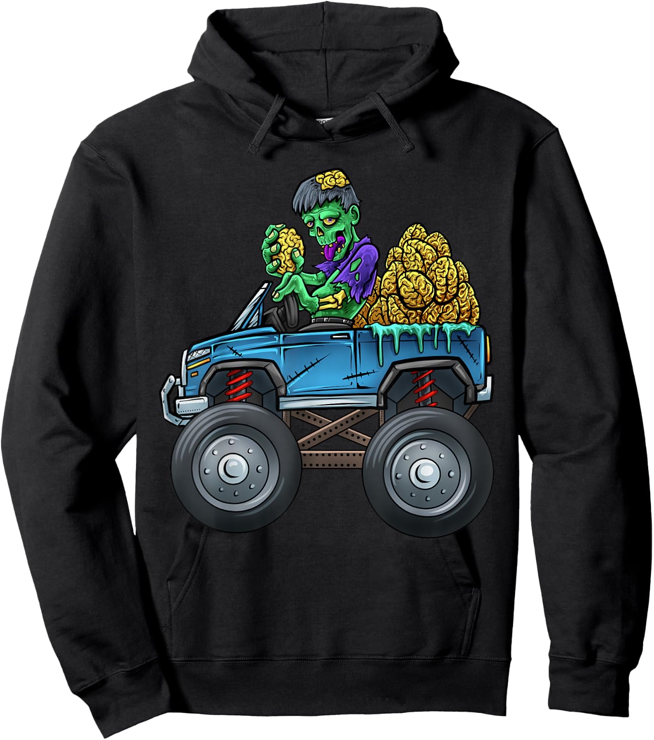 Monster Truck Driving Zombie Eating Brains Halloween Truck Hoodie - Hoodie | Black