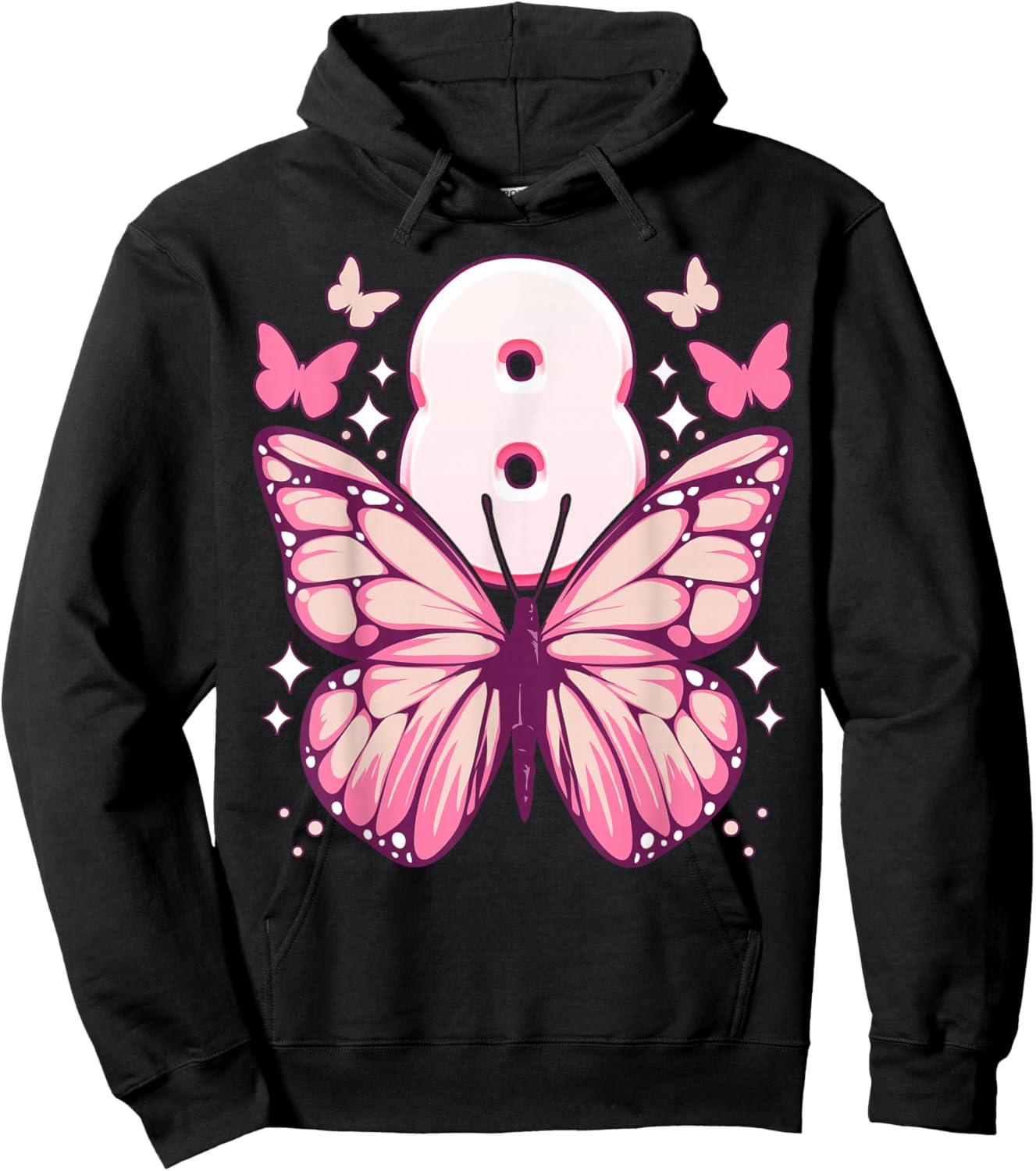 Birthday Girl 8 Years, Butterflies and Number 8 Hoodie - Hoodie | Black