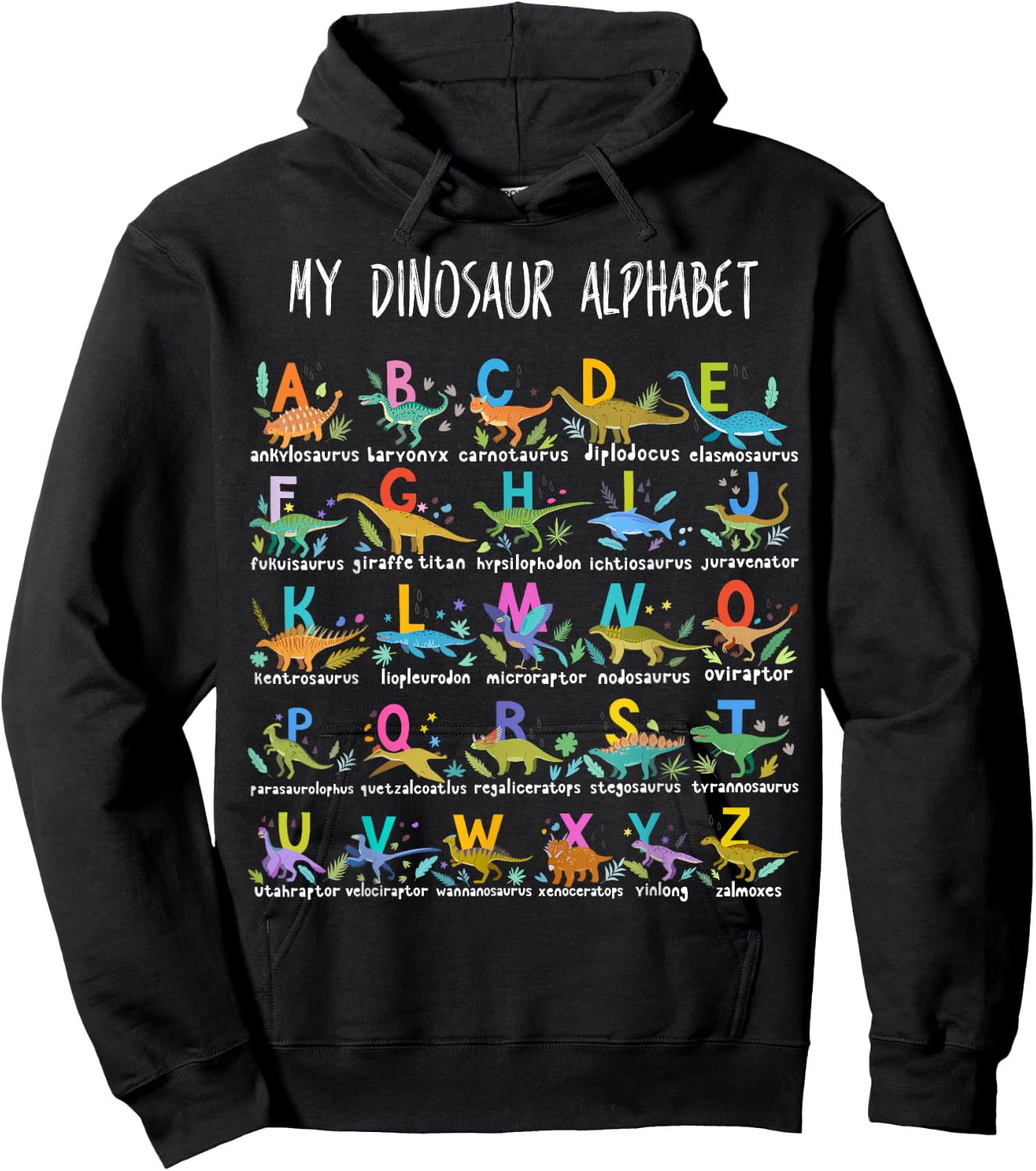 Types Of Dinosaurs Alphabet A-Z ABC Dino Hoodie - Hoodie | Black