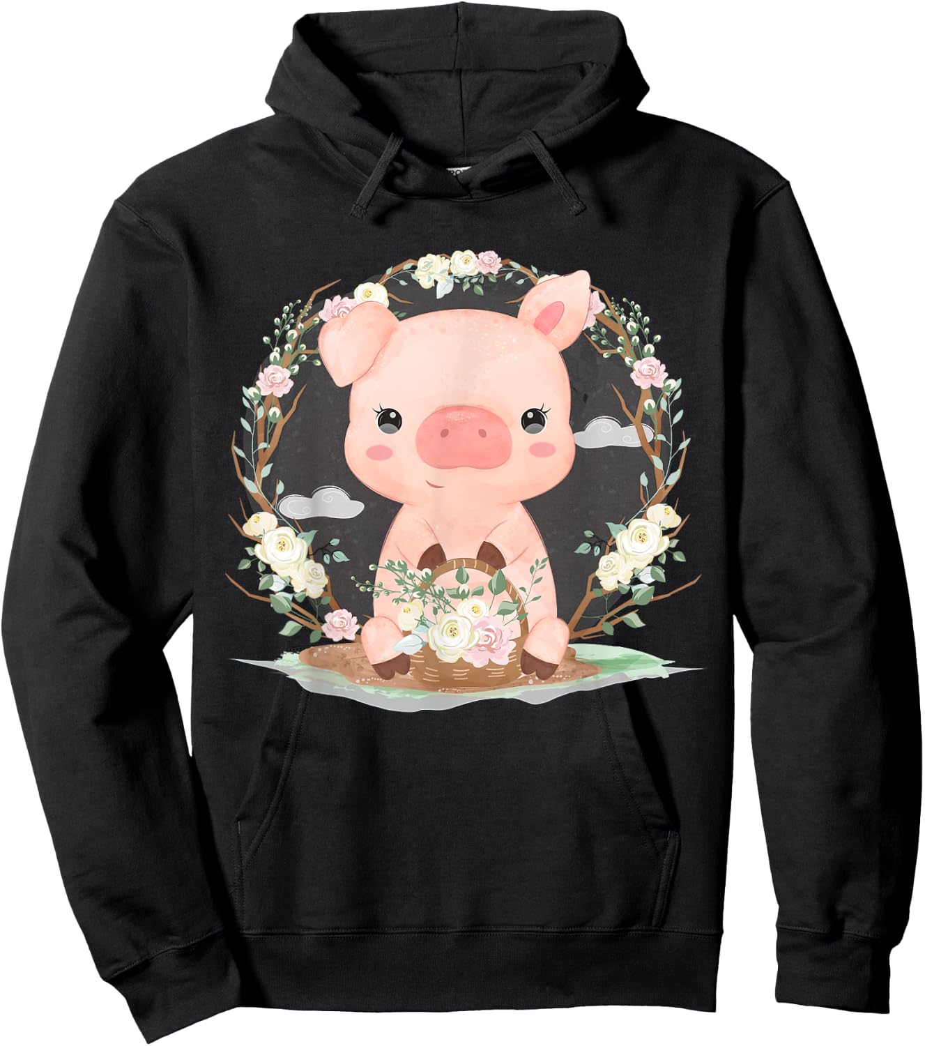 Adorable Little Pig With Flowers Hoodie - Hoodie | Black