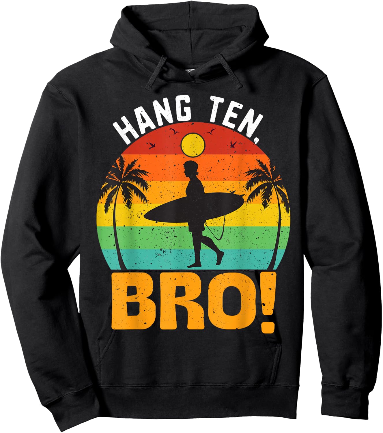 Hang Ten, Bro!, Surfer with Surfboard Swell Wave Sunset Hoodie - Hoodie | Black