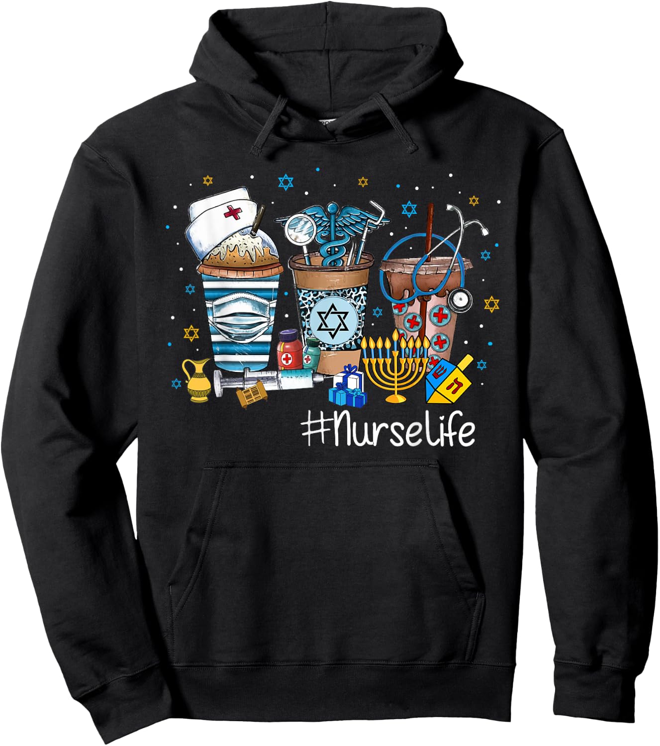 Happy Hanukkah Coffee Latte School Nurse Jewish Chanukah Hoodie - Hoodie | Black