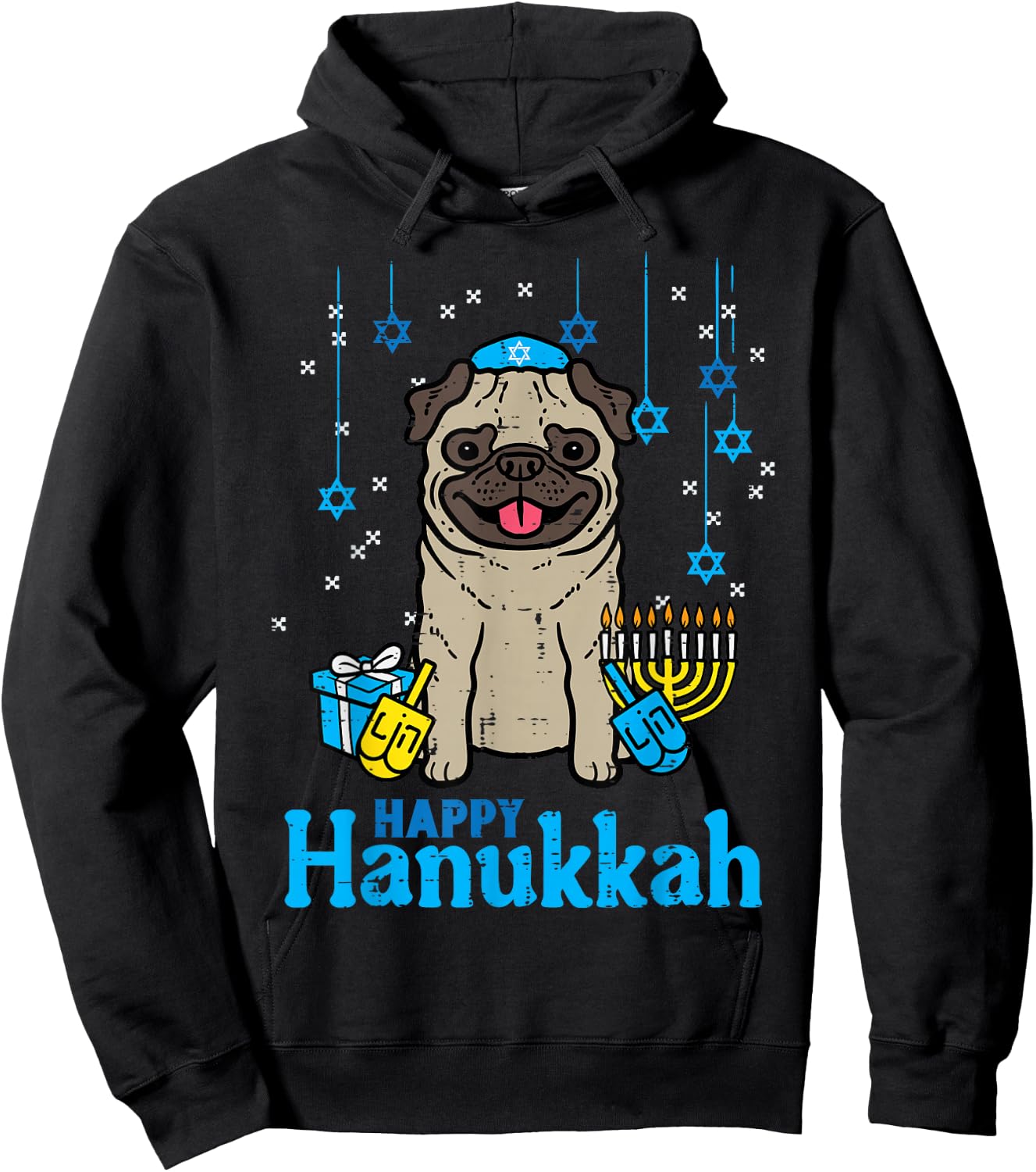 Happy Hanukkah Dog Pug Cute Chanukah Jewish Men Women Kids Hoodie - Hoodie | Black