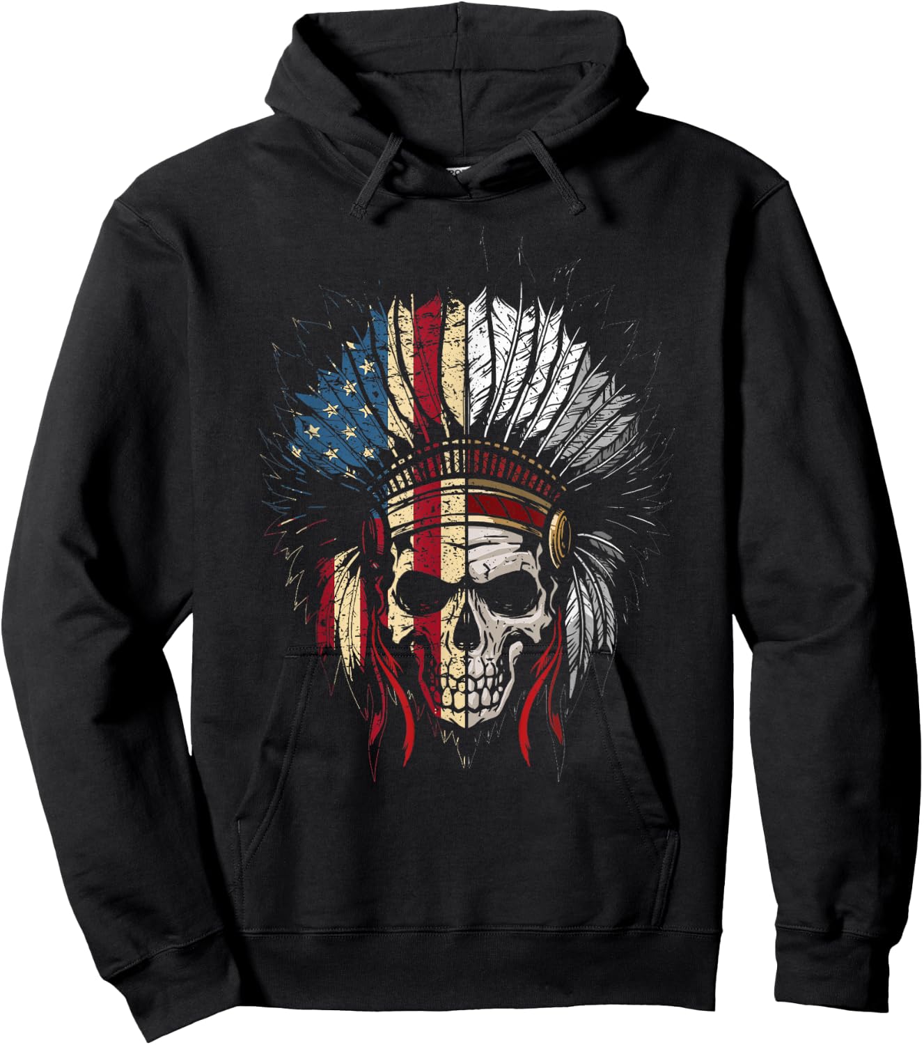 American Native Headdress USA Flag Indian Skull Women Men Hoodie - Hoodie | Black