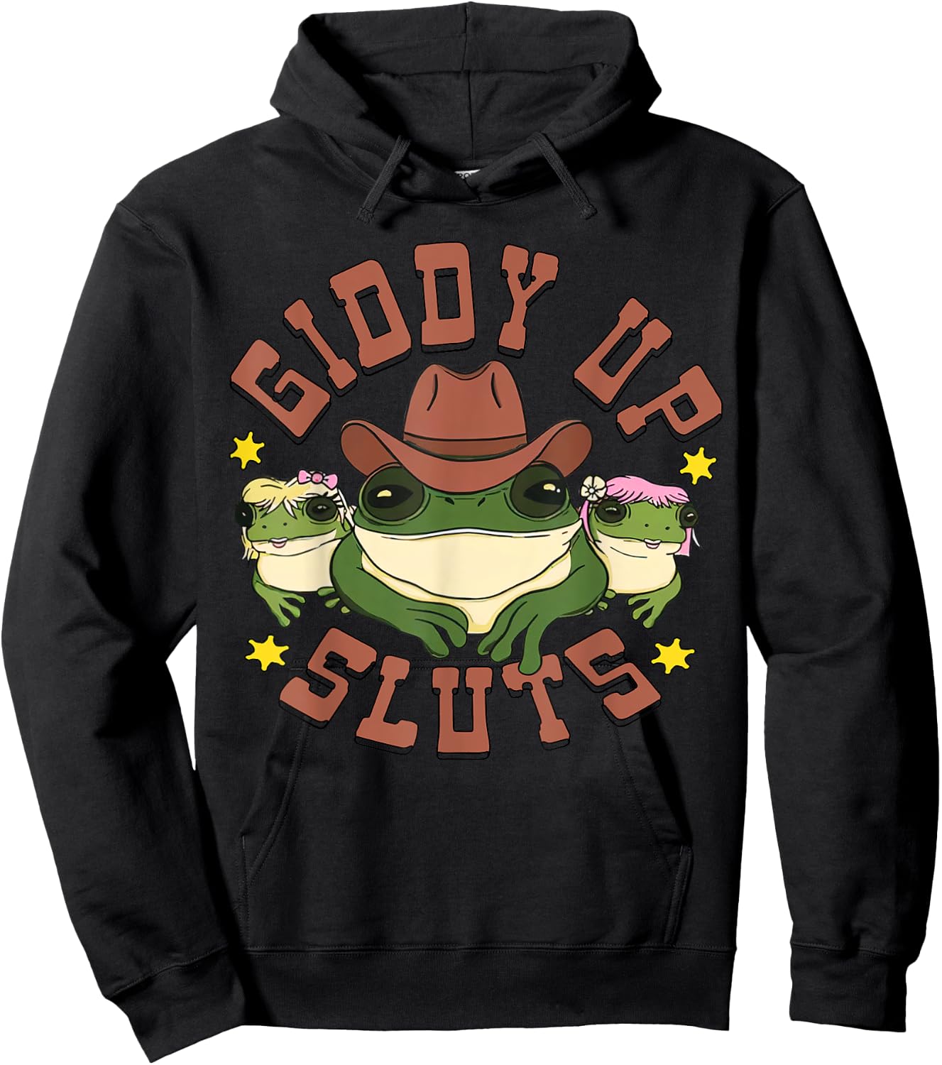 Giddy Up Sluts Funny Western Cowgirl Ranch Rodeo Frog Hoodie - Hoodie | Black