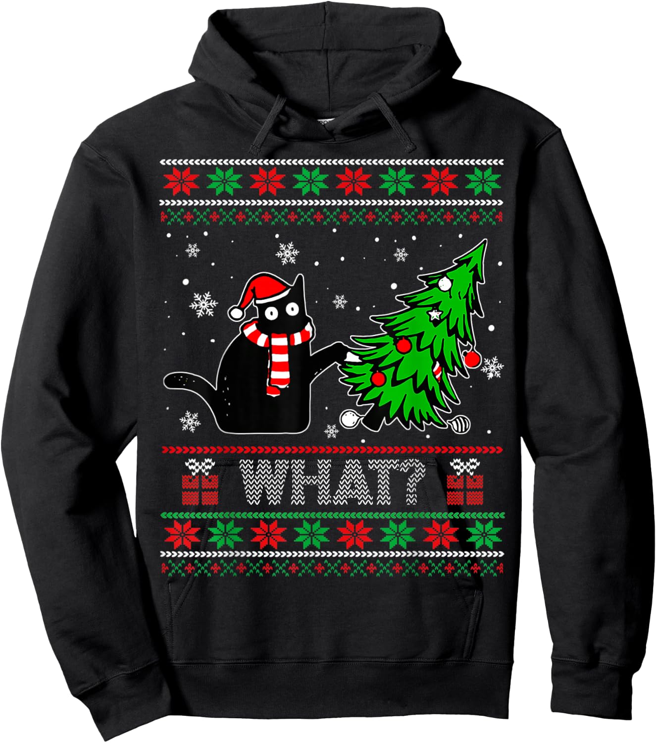 Funny Black Cat What? Pushing Christmas Tree Ugly Sweater Hoodie - Hoodie | Black