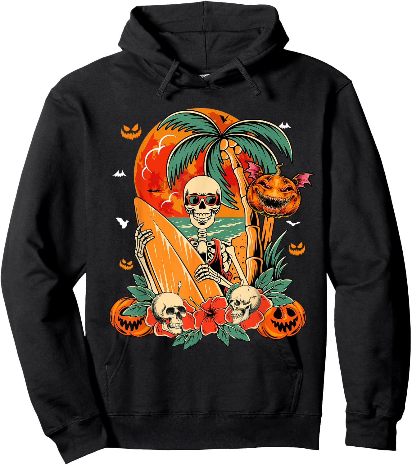 Skeleton Surfer Halloween Hawaiian Floral Carved Pumpkins Hoodie - Hoodie | Black