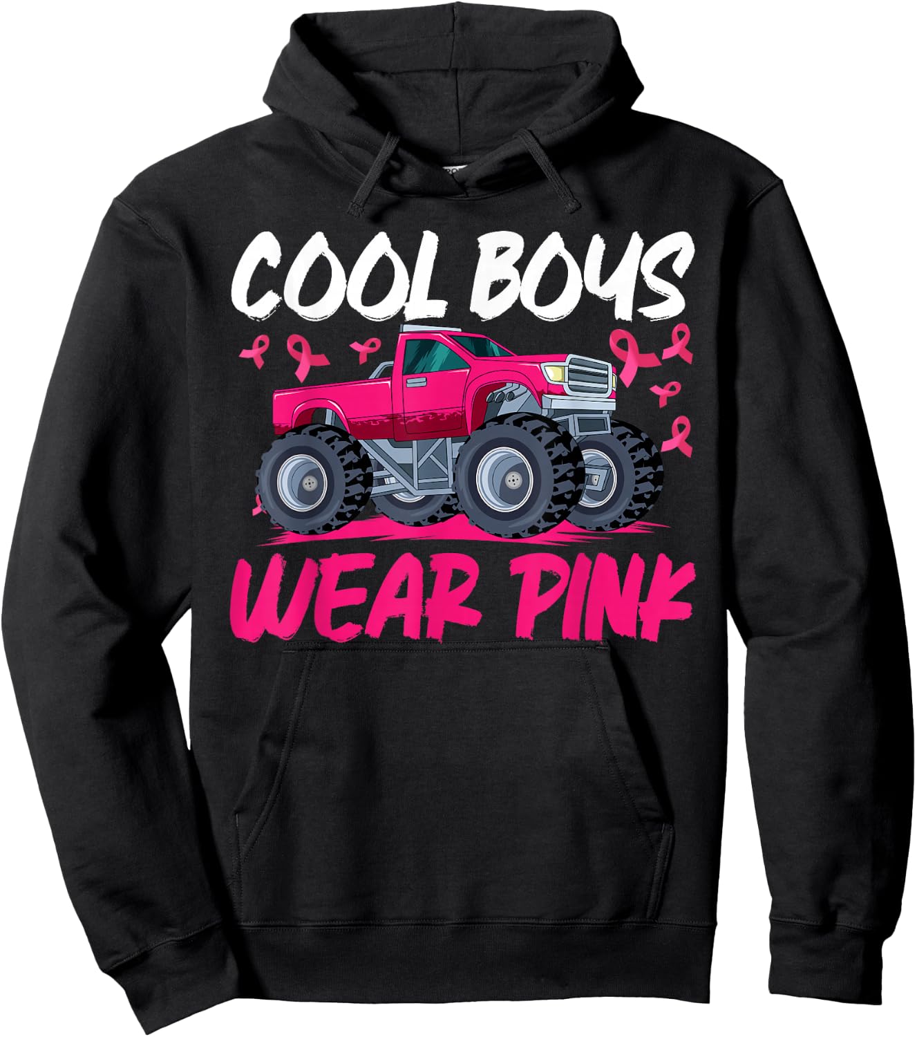 Monster Truck Breast Cancer Awareness Cool Boys Wear Pink Hoodie - Hoodie | Black