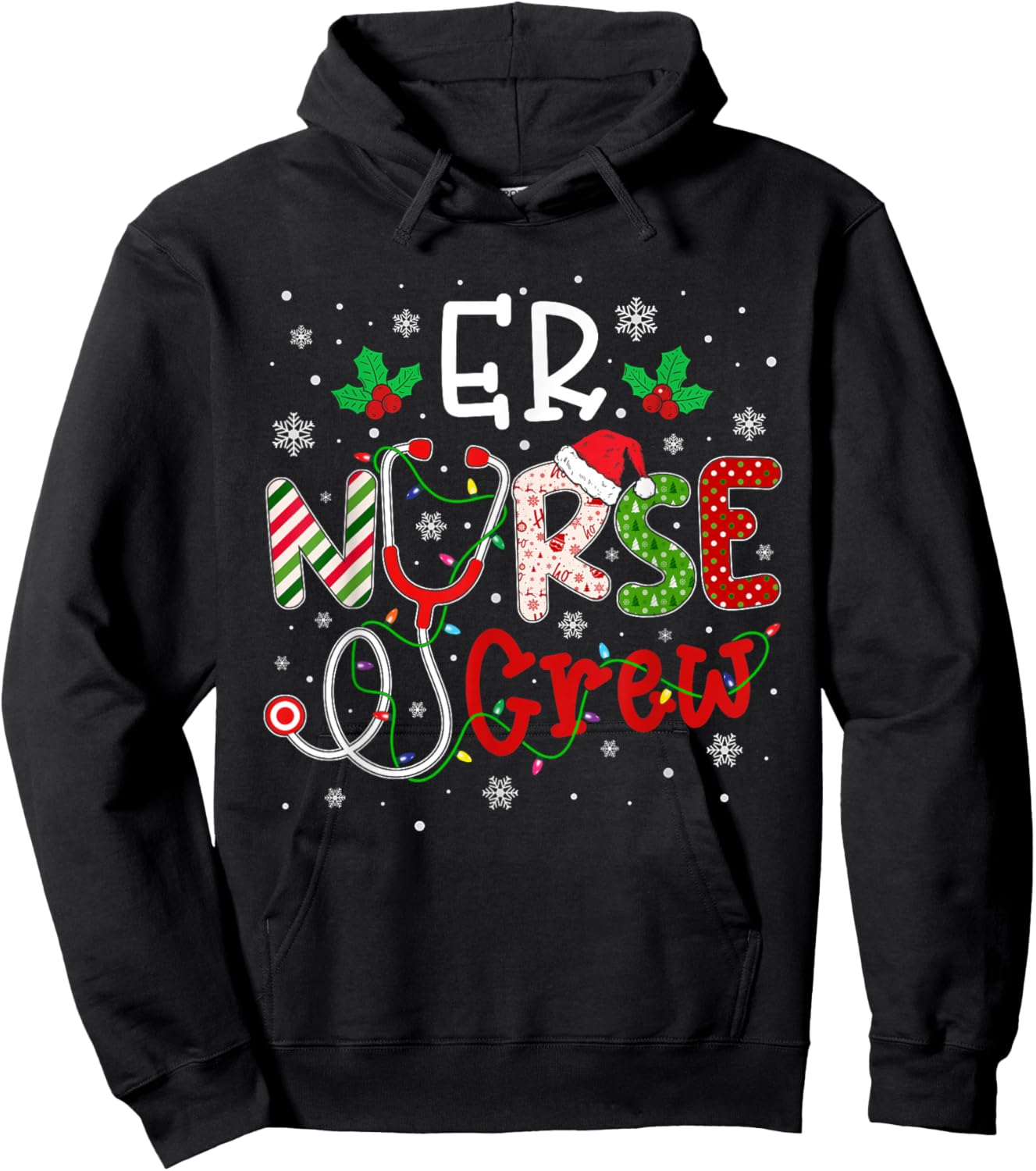 ER Christmas Nurse Crew Funny Nursing Christmas Pattern Hoodie - Hoodie | Black