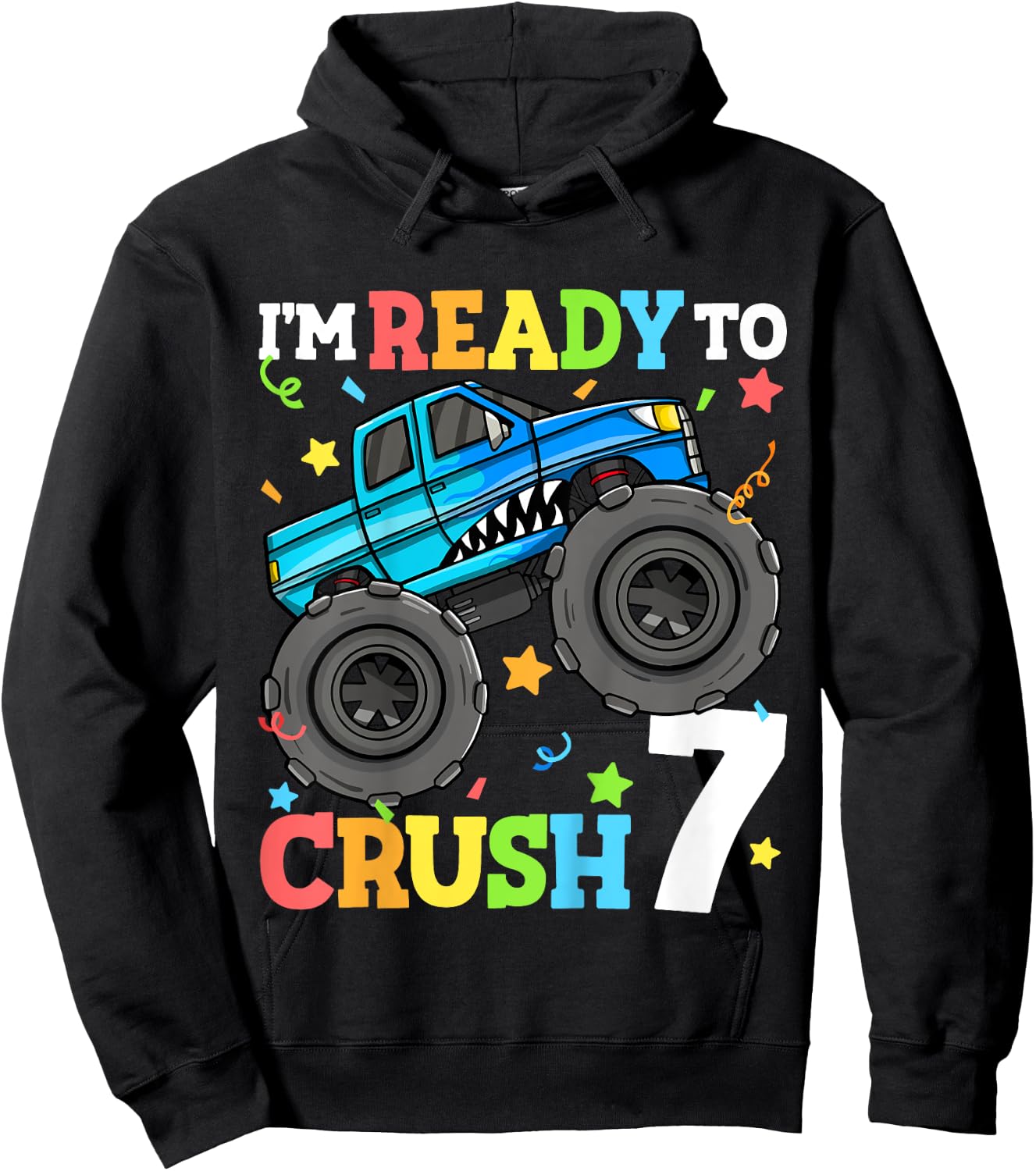 Kids Monster Truck Shark 7th Birthday Boy 7 Seven Year Old Hoodie - Hoodie | Black
