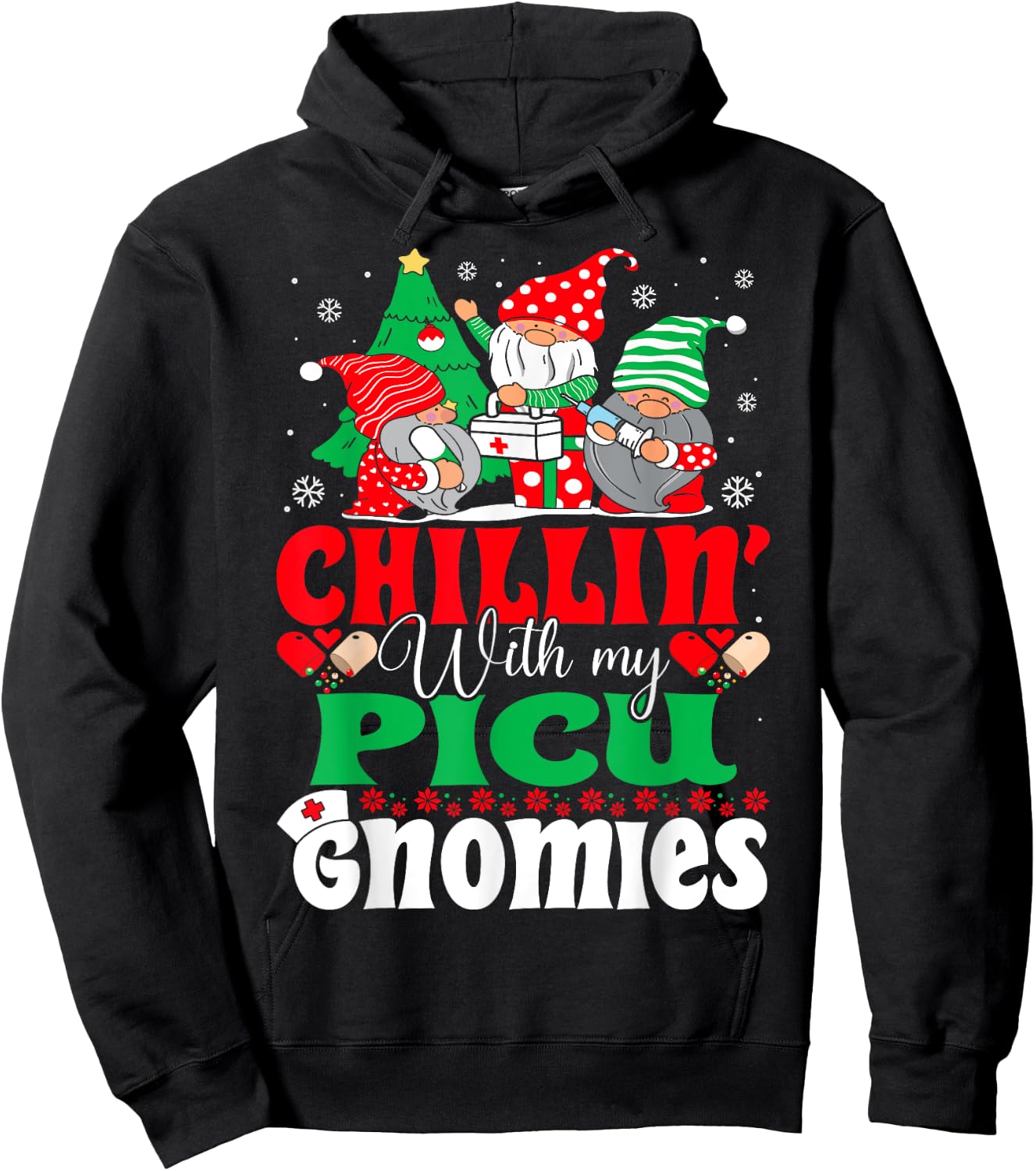 PICU Nurse Gnomes Pediatric Intensive Care Nurse Christmas Hoodie - Hoodie | Black