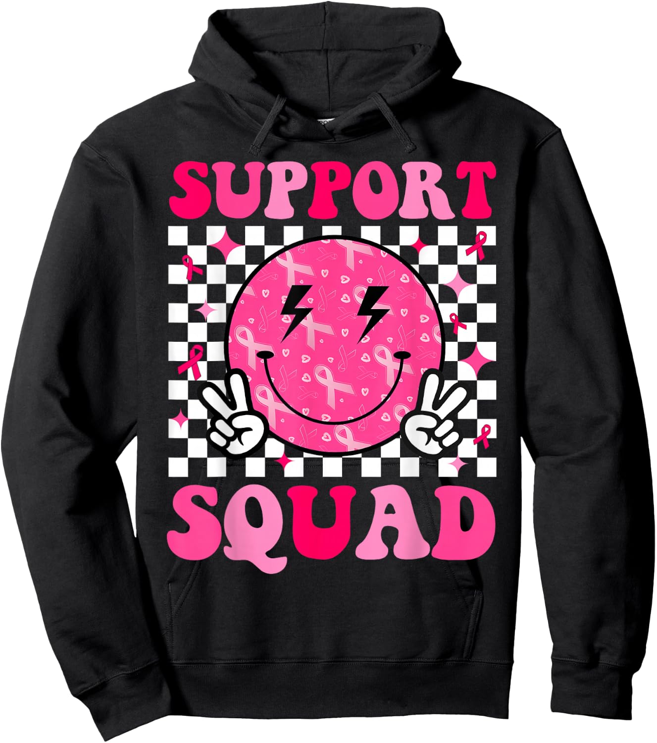Support Squad Breast Cancer Awareness Pink Ribbon Smile Face Hoodie - Hoodie | Black