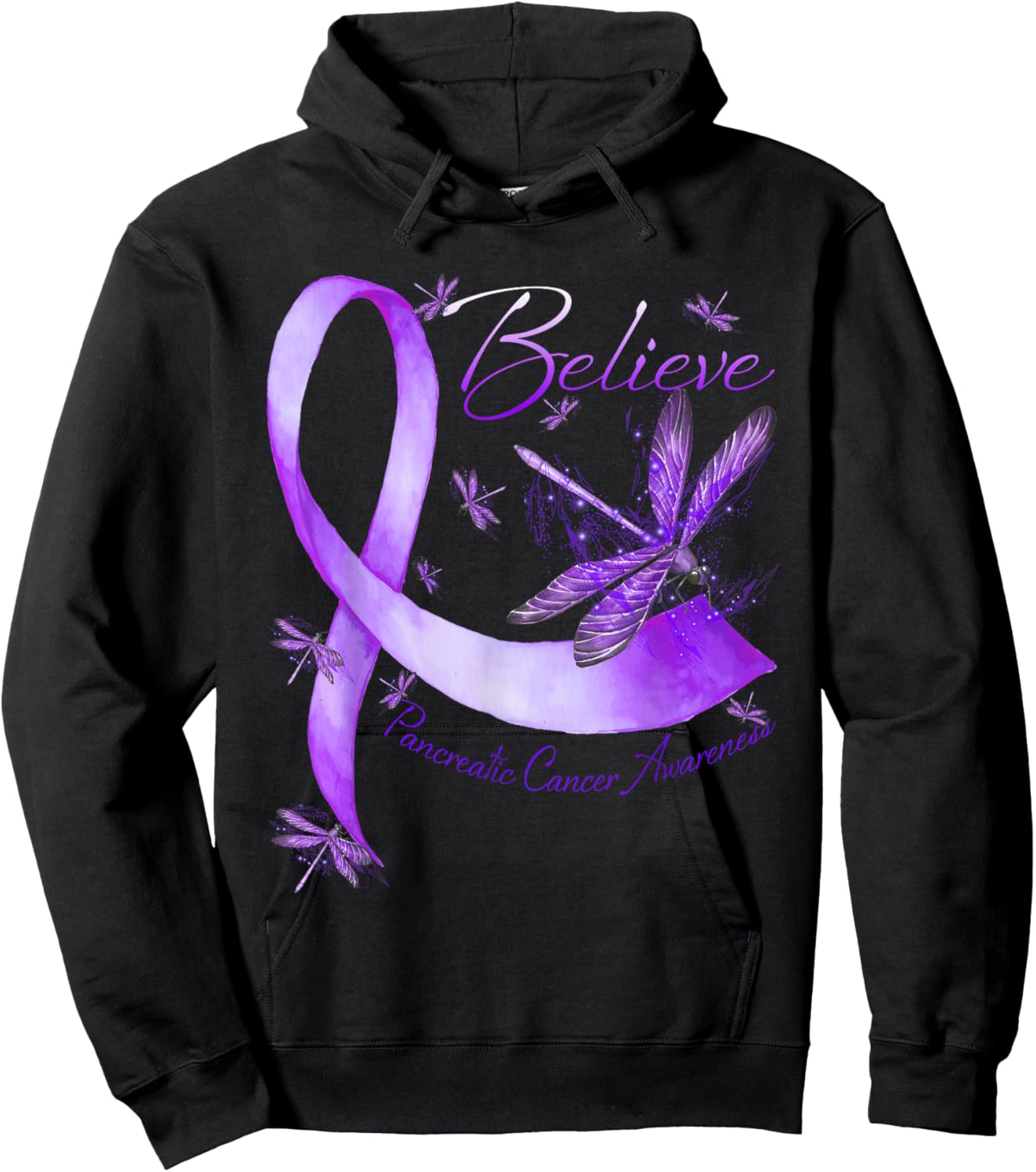 Believe Pancreatic Cancer Awareness Dragonfly Purple Ribbon Hoodie - Hoodie | Black