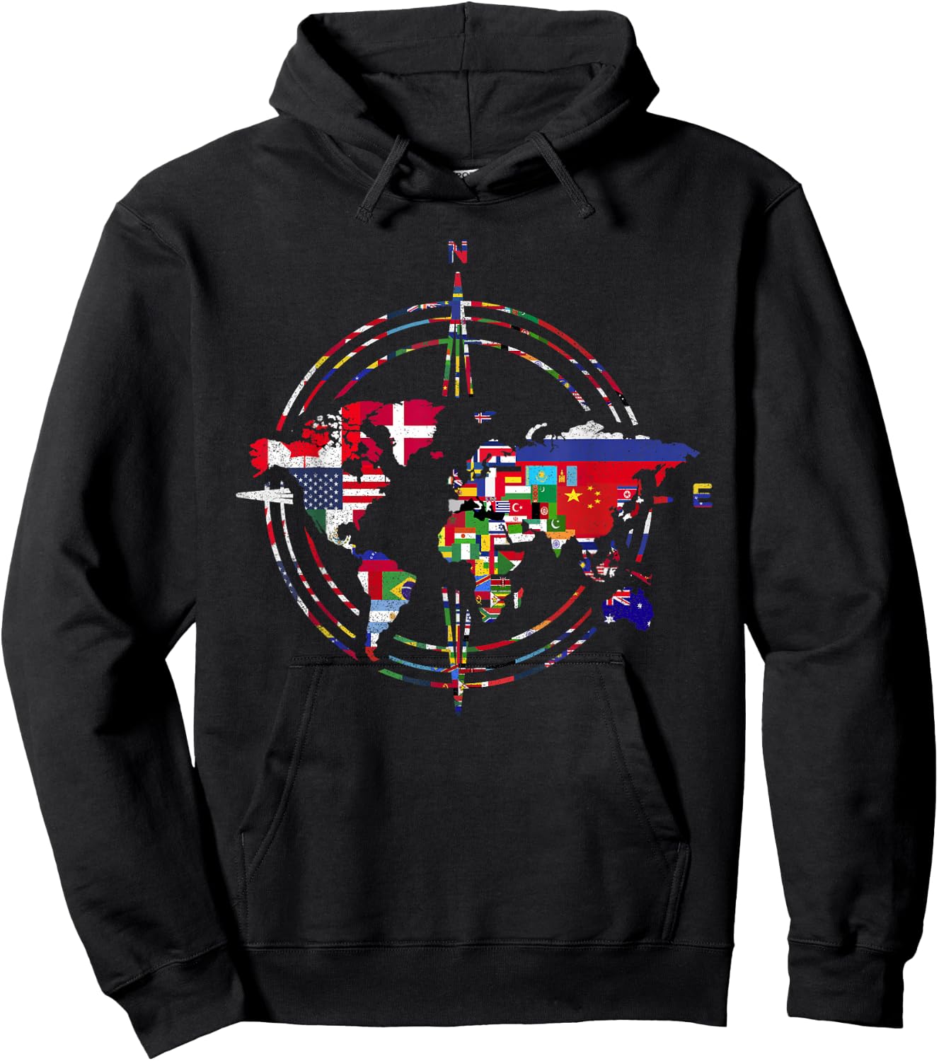 International Flags Compass World Travel World Map Hoodie - Hoodie | Black