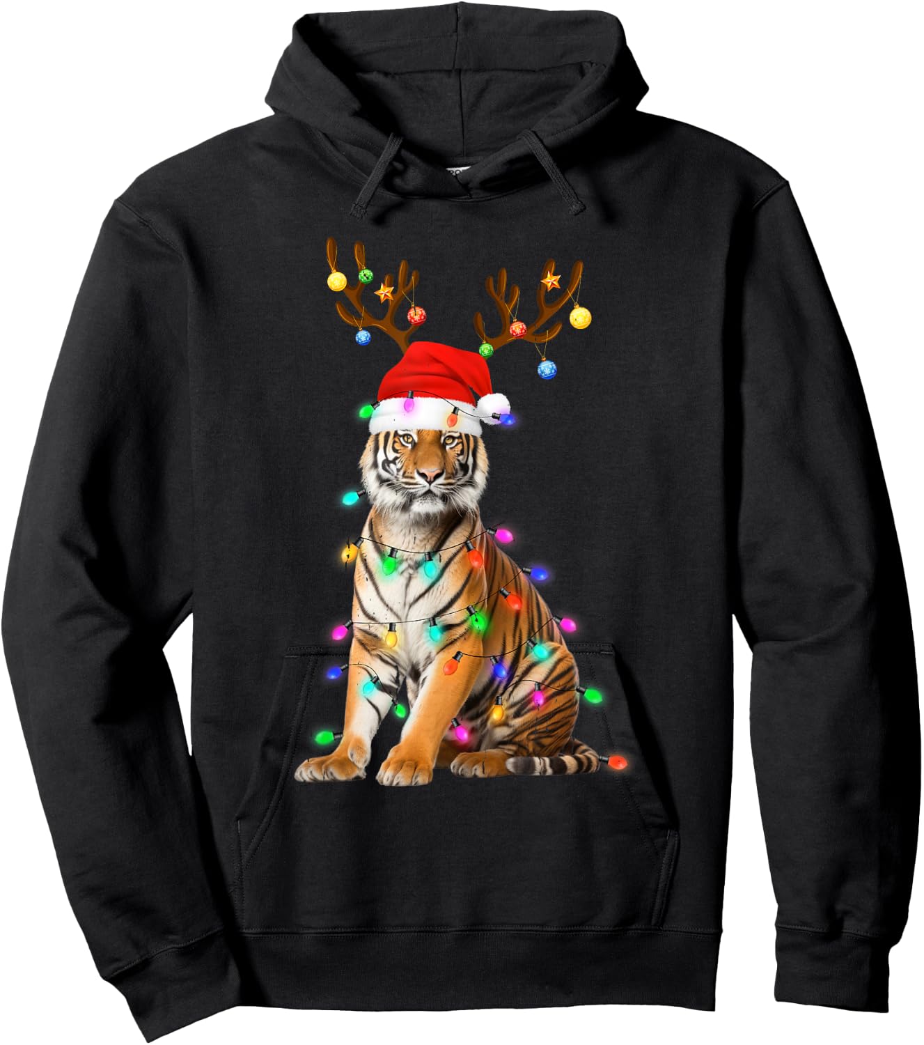Santa Hat Funny Tiger Tree Xmas Light Animal Christmas Hoodie - Hoodie | Black