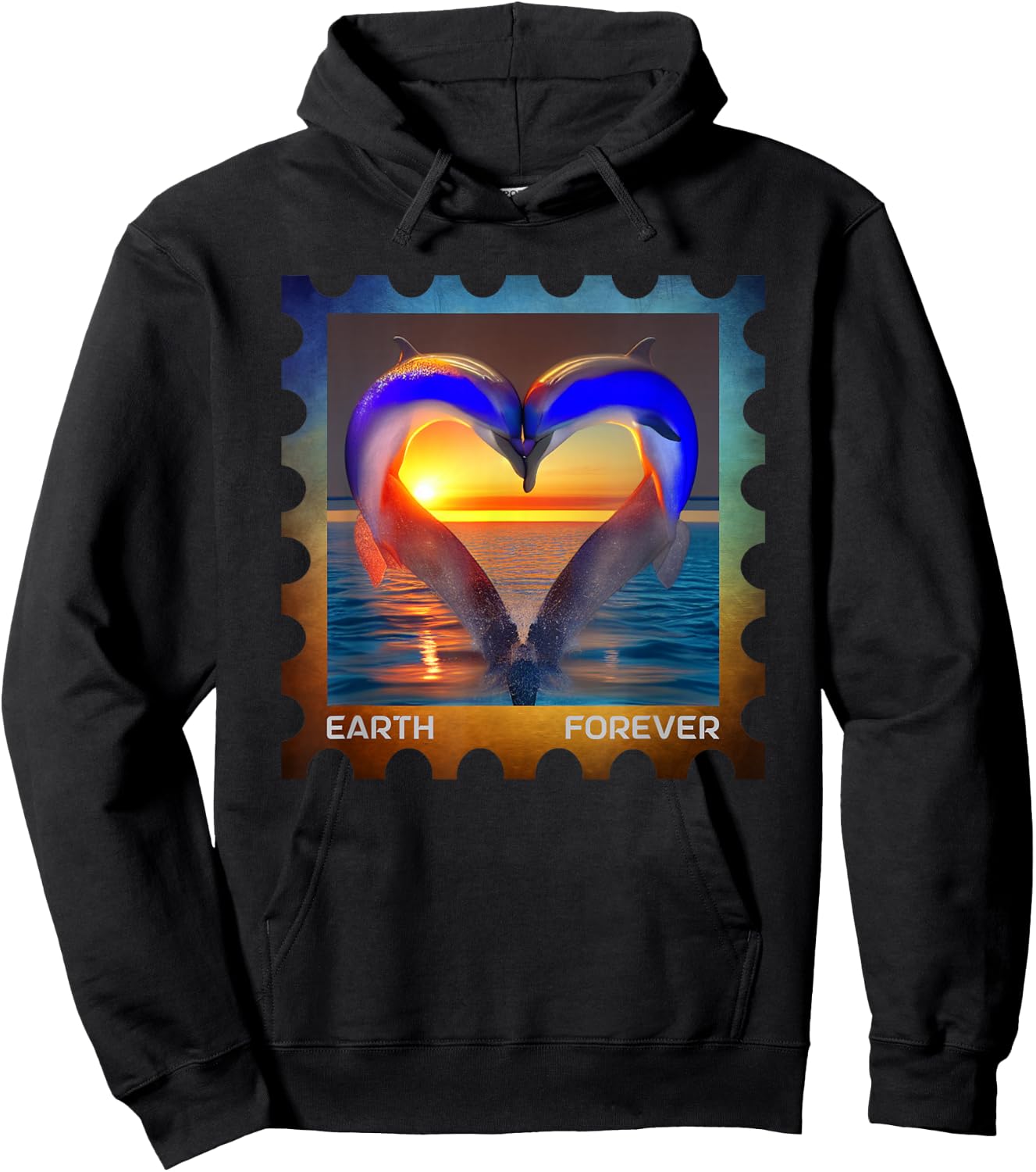 EARTH FOREVER Postage Stamp Ocean Sunset Heart Cute Dolphins Hoodie - Hoodie | Black
