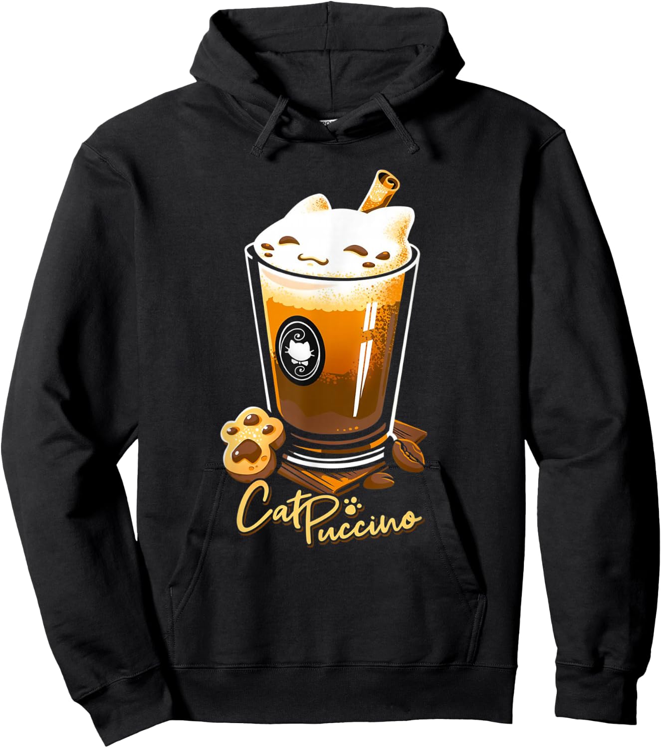 Retro Cat Boho Puccino Funny Coffee Cat Cute Cup Hoodie - Hoodie | Black