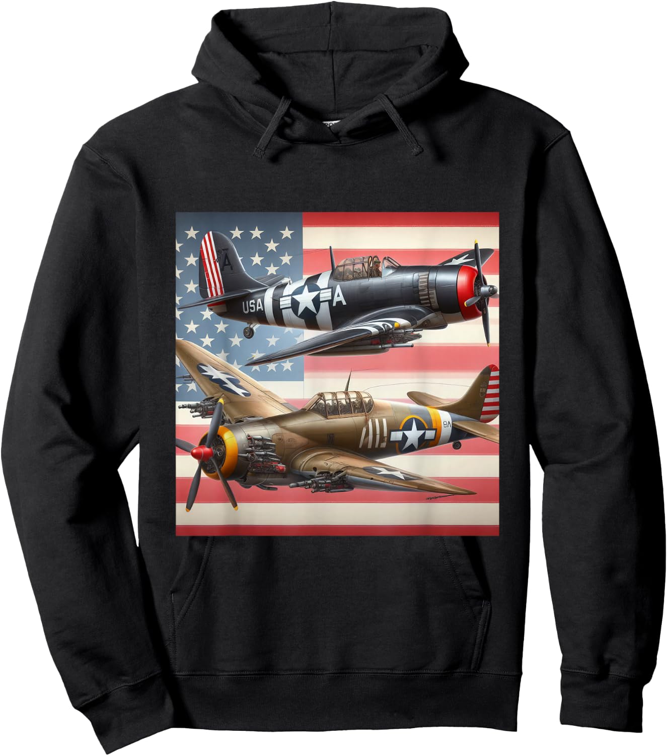 WW2 Airplanes American US Flag Hoodie - Hoodie | Black