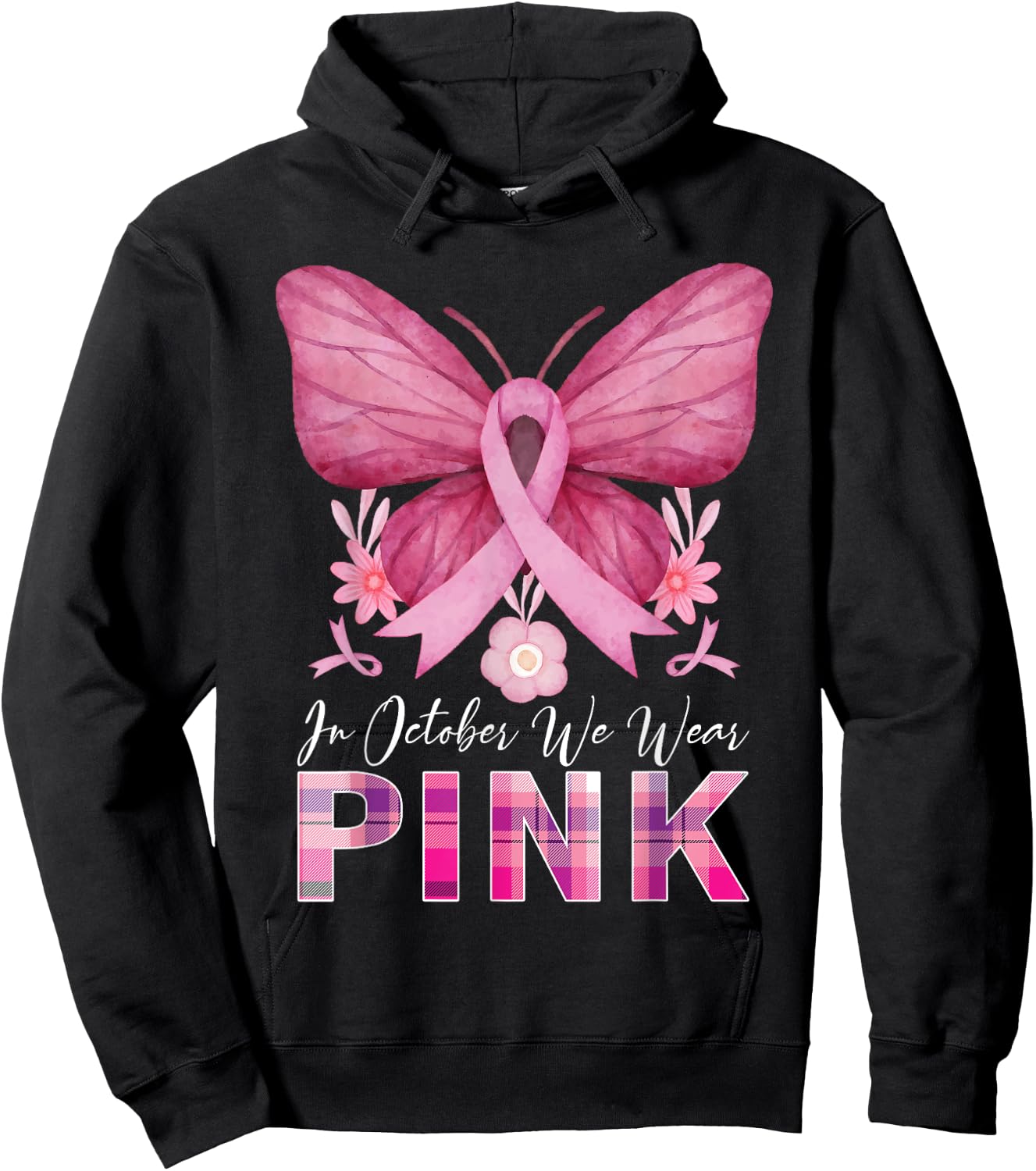 In October We Wear Pink Butterfly Breast Cancer Awareness Hoodie - Hoodie | Black