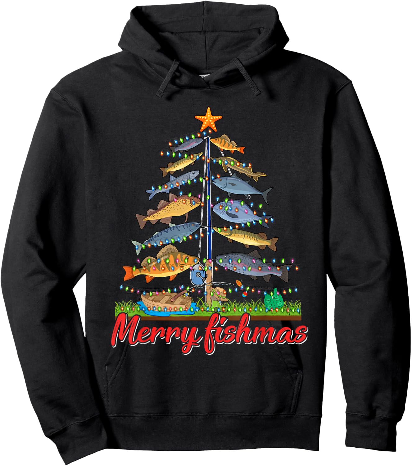 Merry Fishmas Funny Fisher Christmas Tree Fishing Pajama Hoodie - Hoodie | Black