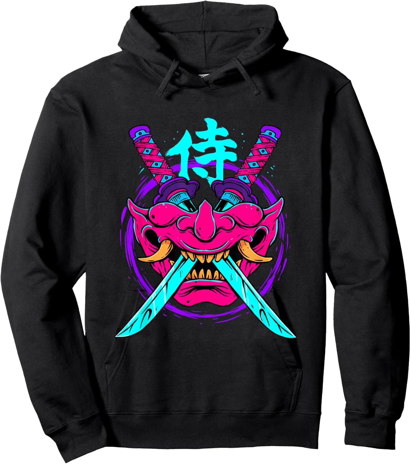 Vaporwave Aesthetic Japanese Samurai Mask Oni Kanji Bushido Hoodie - Hoodie | Black
