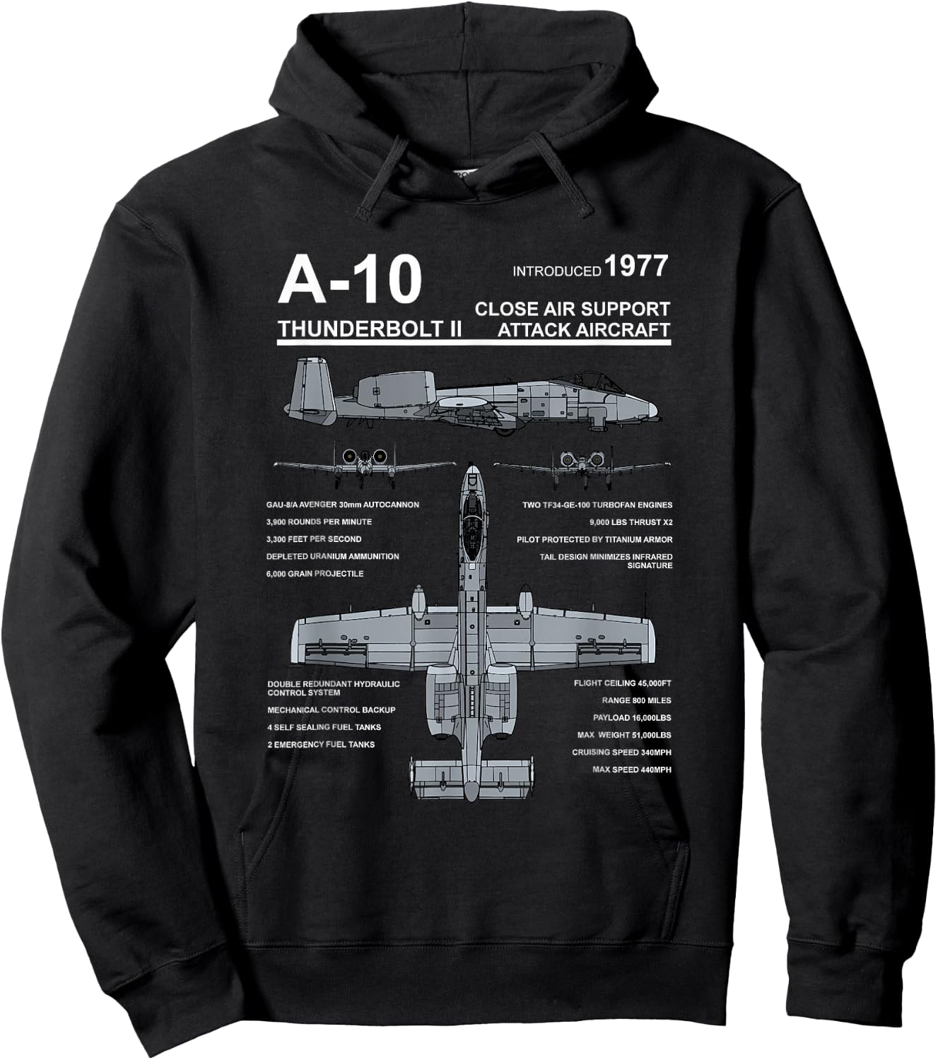 A-10 Thunderbolt II Warthog Military Jet Spec Diagram Hoodie - Hoodie | Black