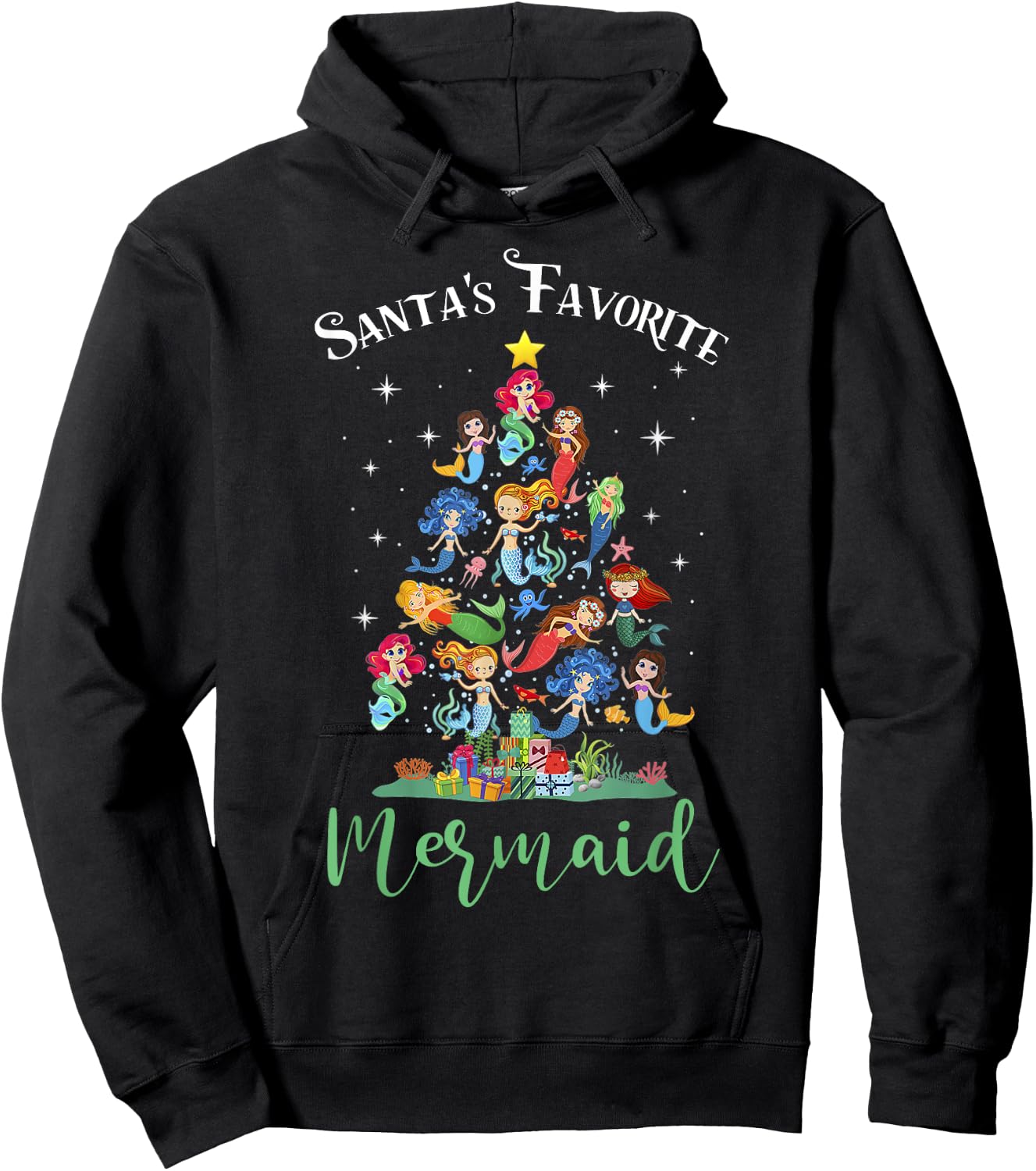 Santa's Favorite Mermaid Christmas Tree Matching Women Kids Hoodie - Hoodie | Black