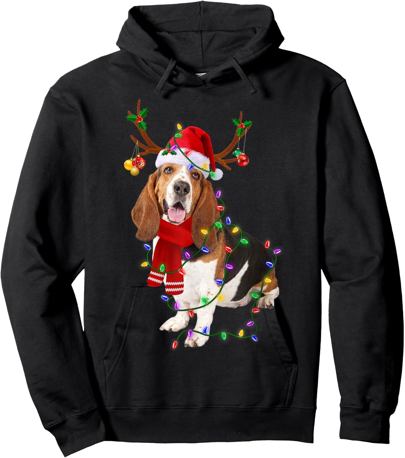 Funny Basset Hound Dog Tree Christmas Lights Xmas Pajama Men Women Kids Hoodie - Hoodie | Black