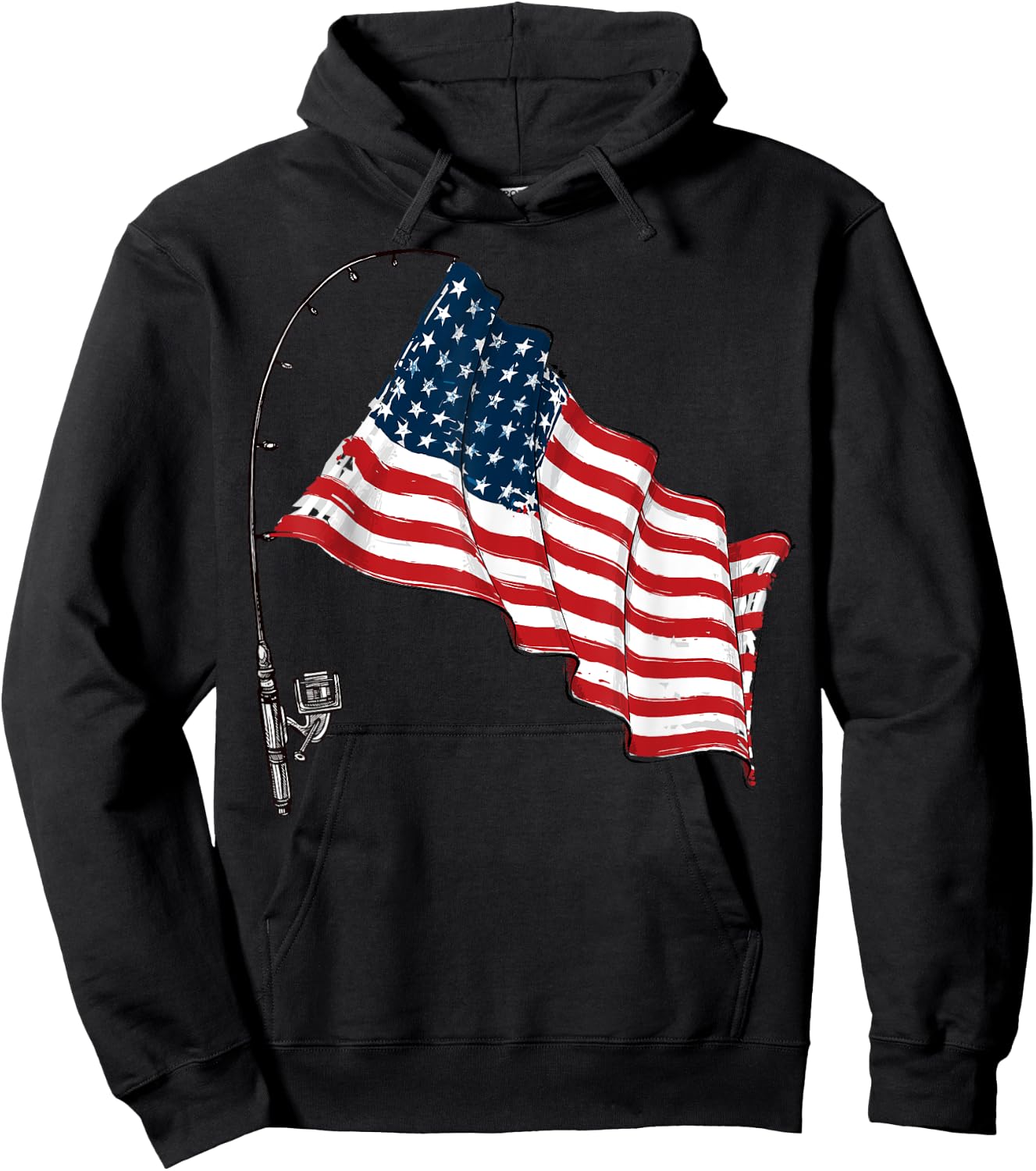 Vintage American Flag Fishing Rod Fishing Lover Fisherman Hoodie - Hoodie | Black