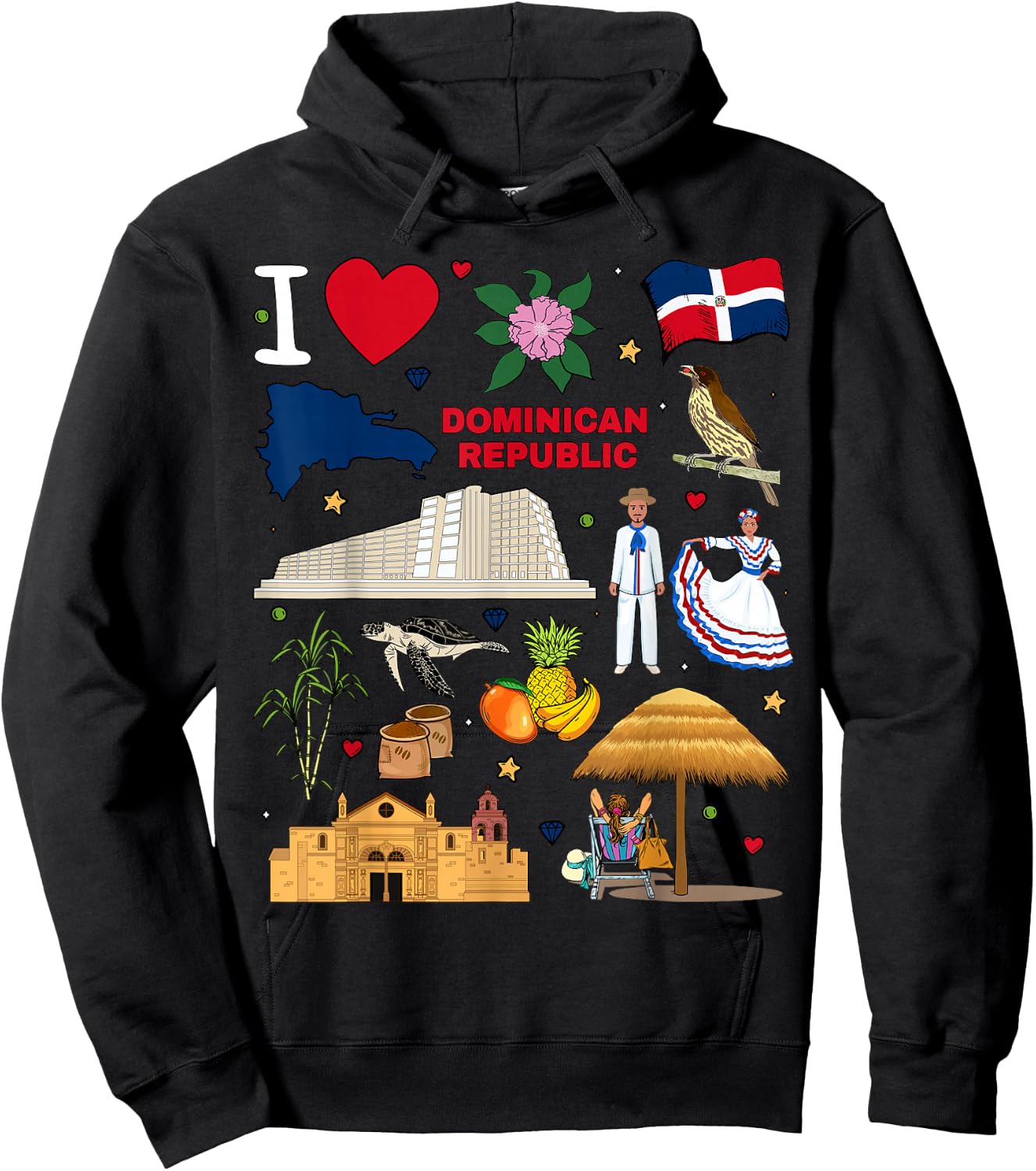 I Love Dominican Republic. Hand Drawn Landmarks, Flag, map Hoodie - Hoodie | Black